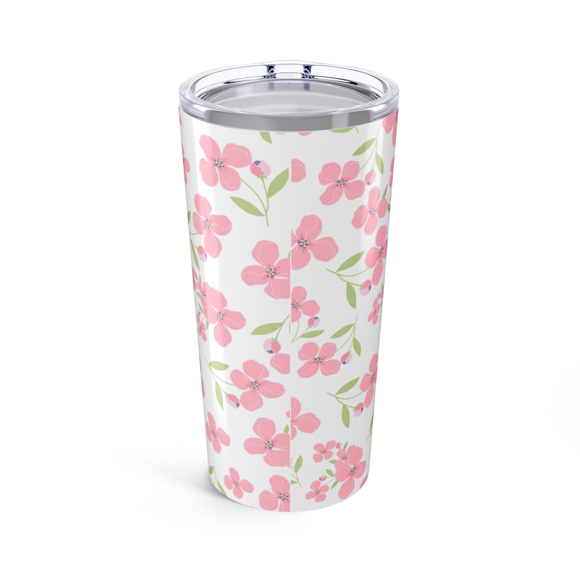 Floral-patterned tumbler with a clear lid on a white background