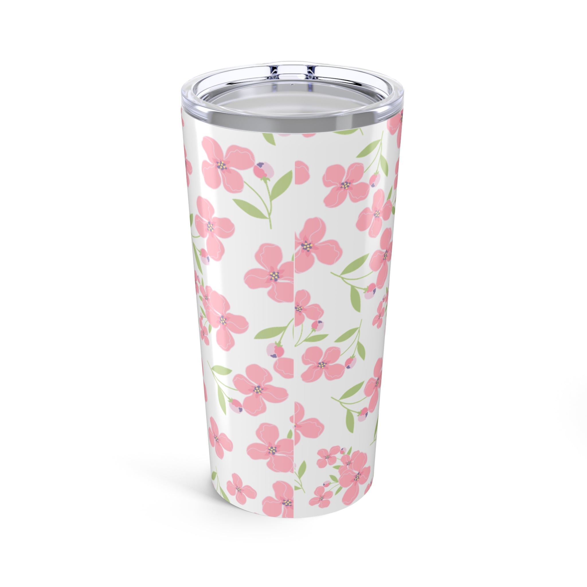 Floral-patterned tumbler with a clear lid on a white background