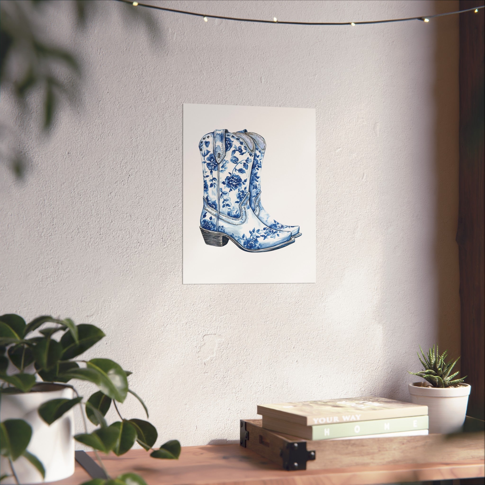 Blue Floral Cowboy Boots Art Print, Dorm Room Decor Rustic Home Art, Gift for Cowgirl, Country Decor, Bohemian Style