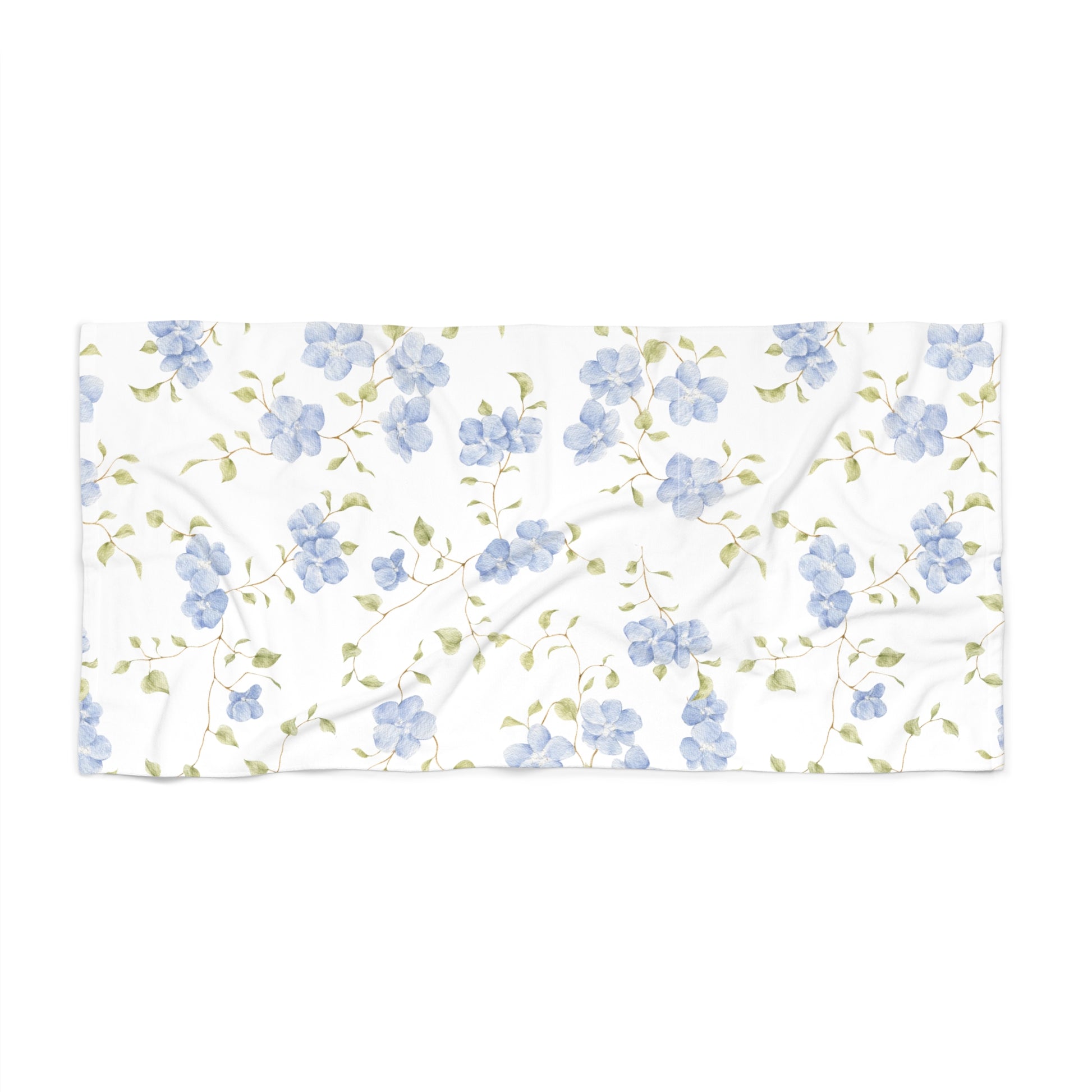 Floral patterned fabric with blue flowers on a white background