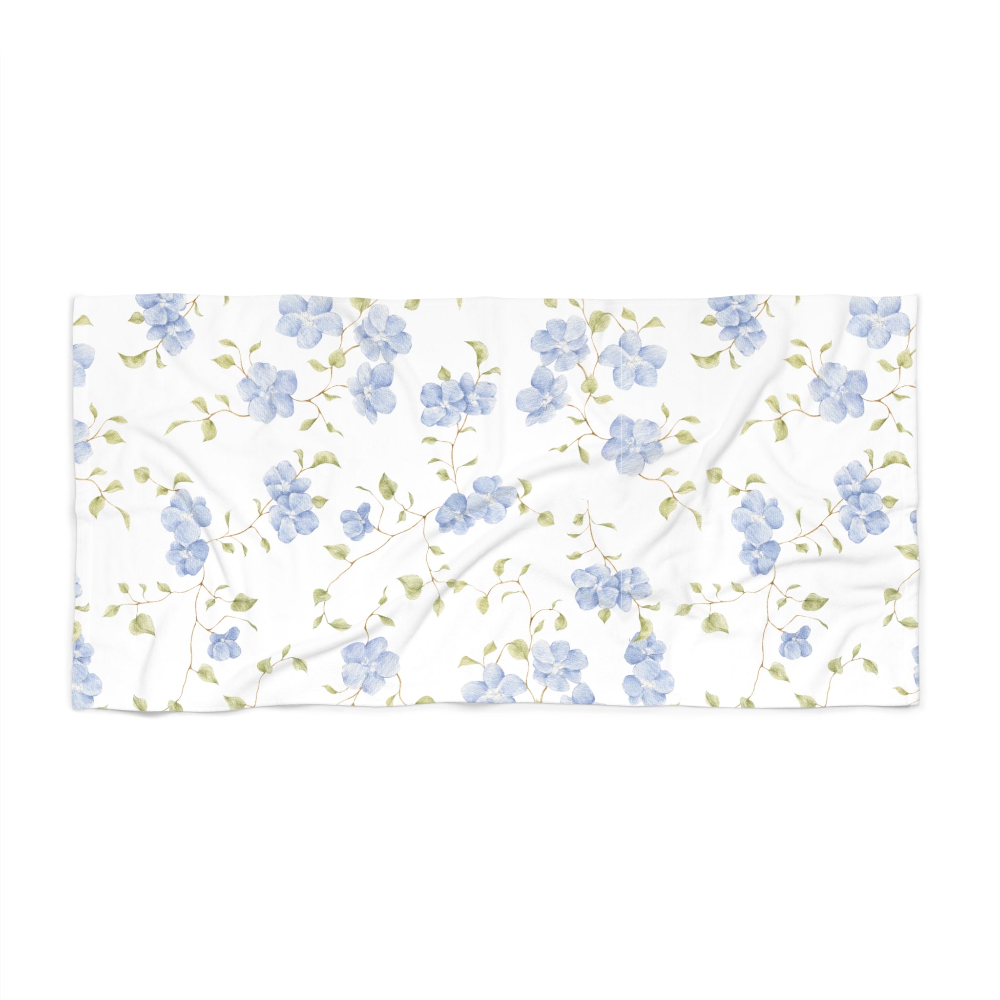 Floral patterned fabric with blue flowers on a white background