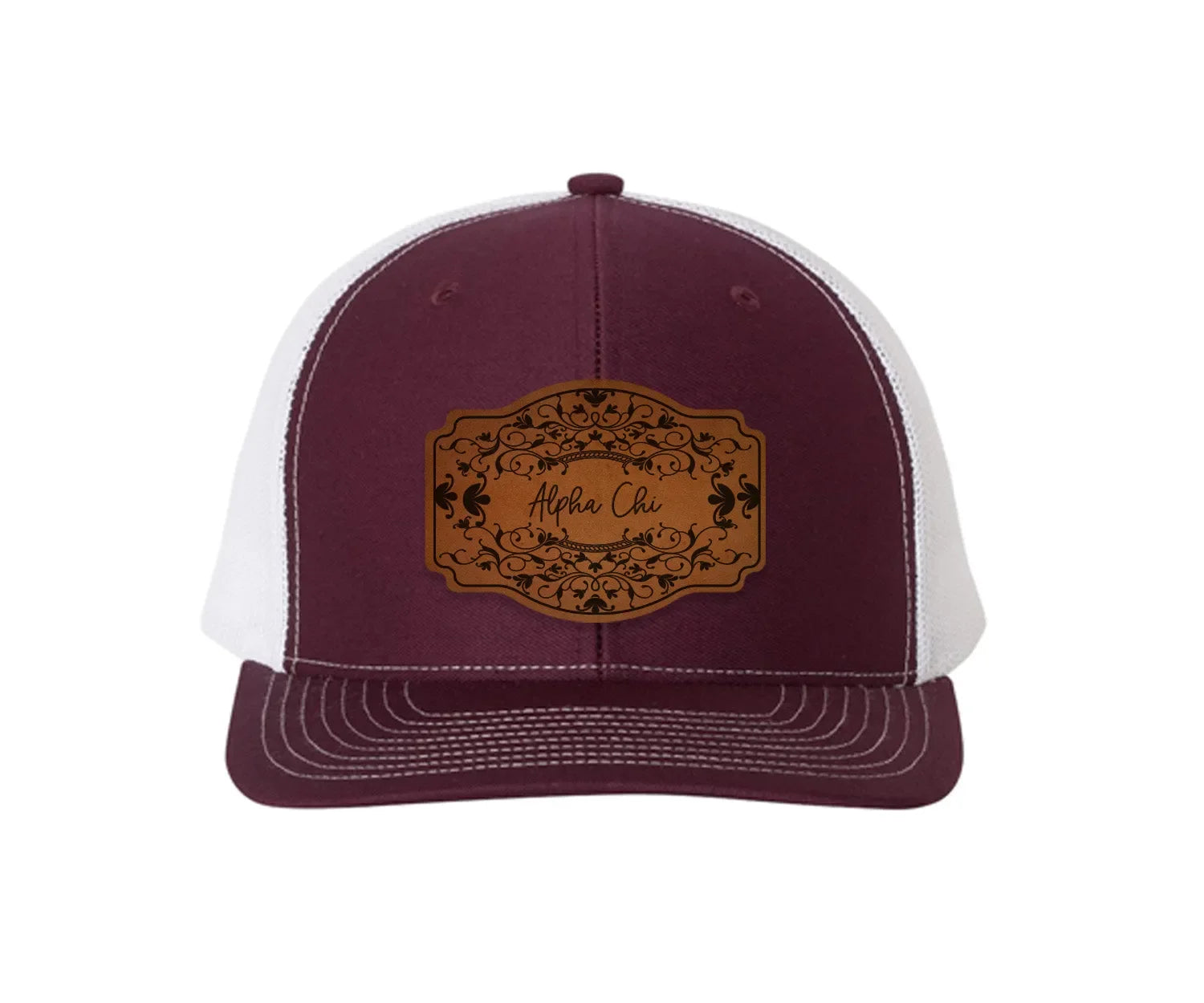 Alpha Chi Omega Richardson 112 Leatherette Patch Trucker Hat - Scroll