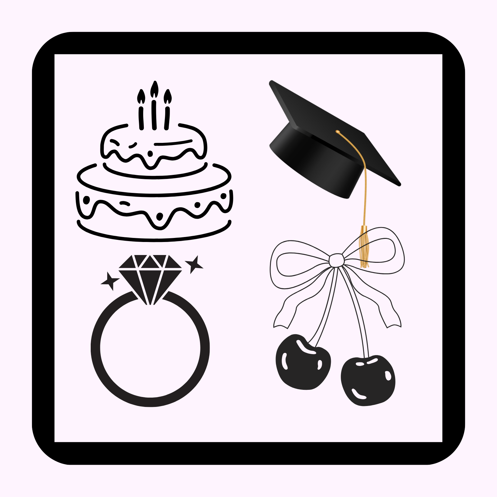 Set of black line art icons including a cake, graduation cap, ring, and cherries on a white background.