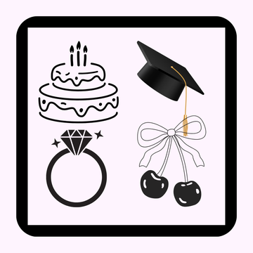 Set of black line art icons including a cake, graduation cap, ring, and cherries on a white background.