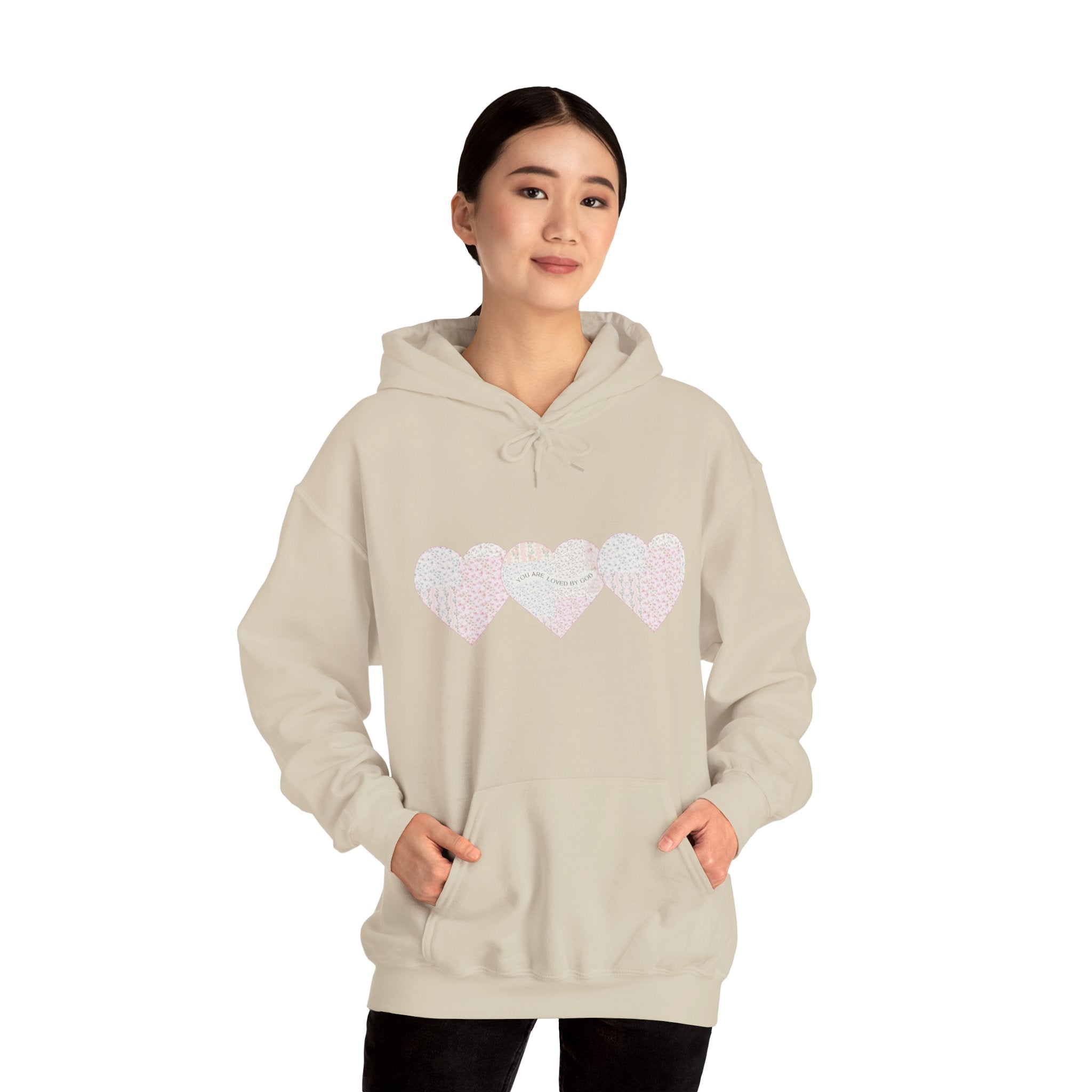 You Are Loved By God Heartfelt Hoodie with Patchwork Hearts Design