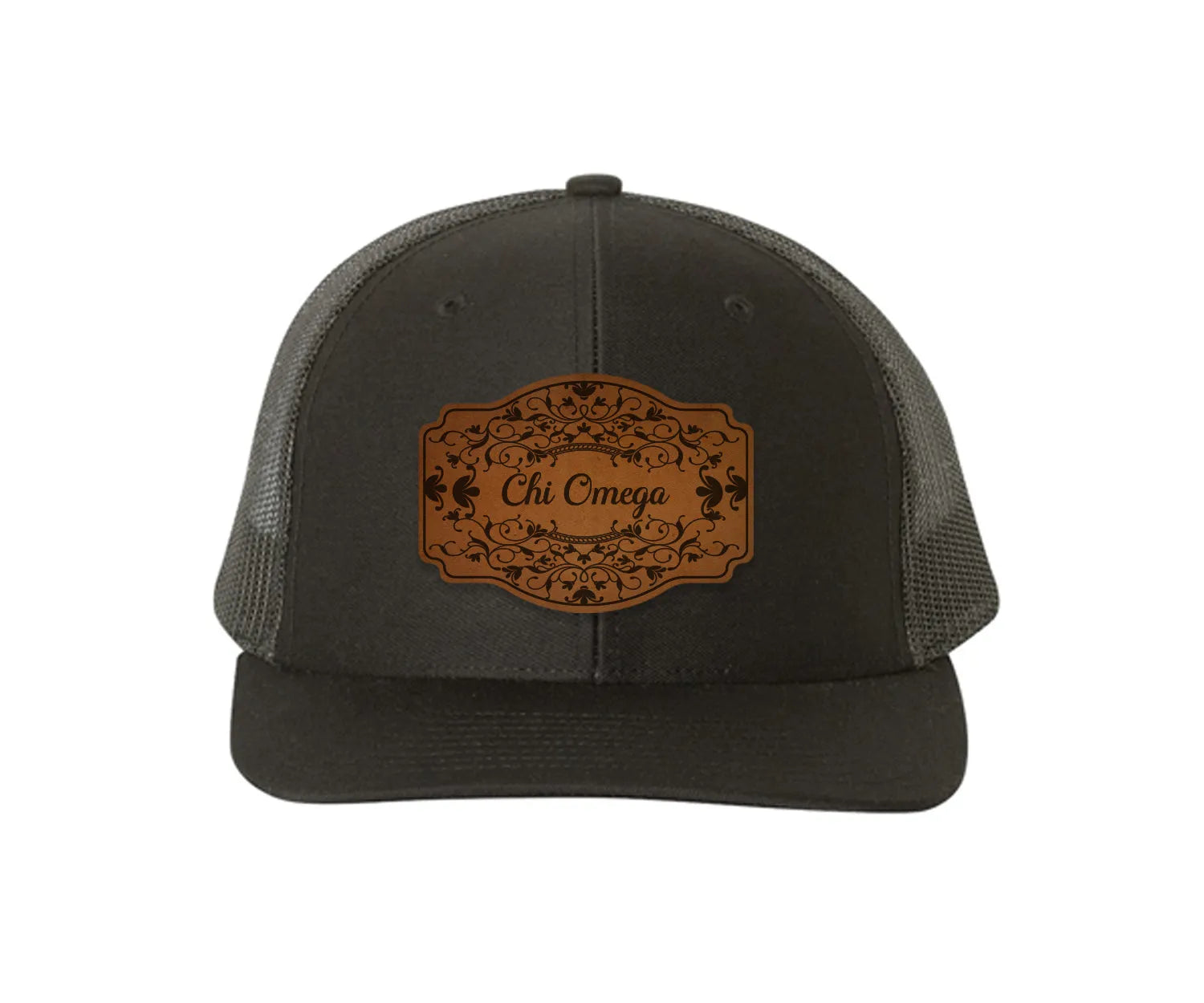 Chi Omega Richardson 112 Leatherette Patch Trucker Hat - Scroll