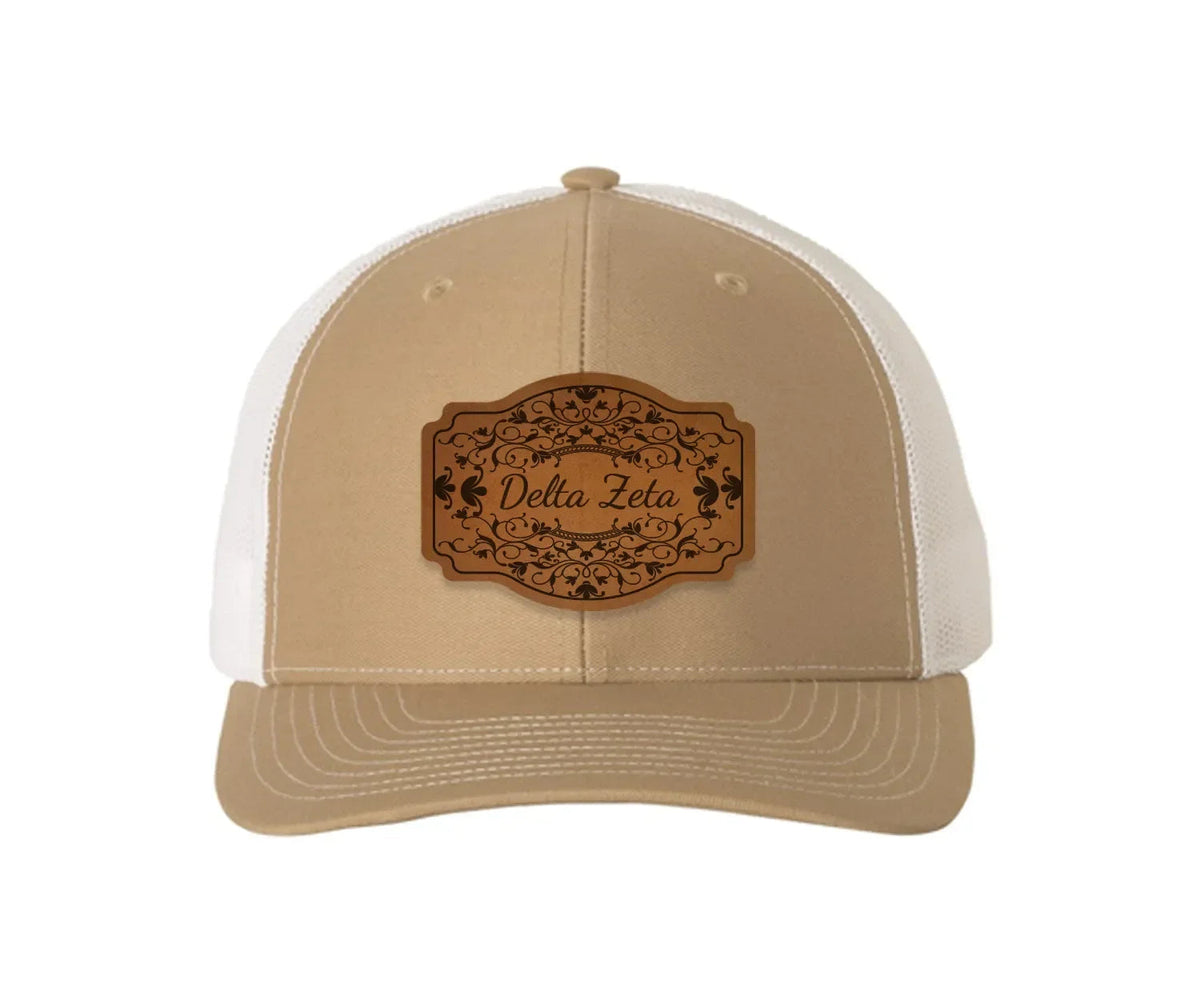 Delta Zeta Richardson 112 Leatherette Patch Trucker Hat - Scroll