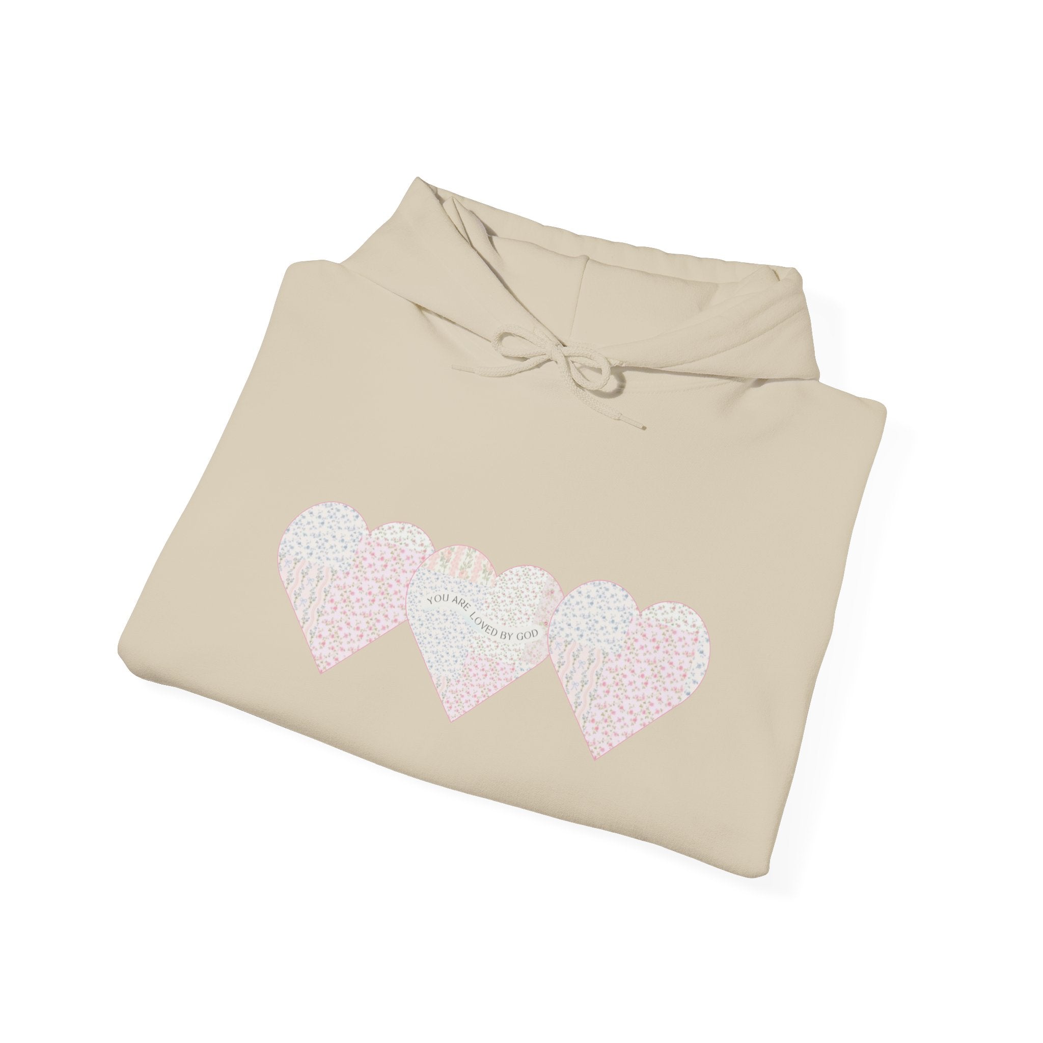 You Are Loved By God Heartfelt Hoodie with Patchwork Hearts Design