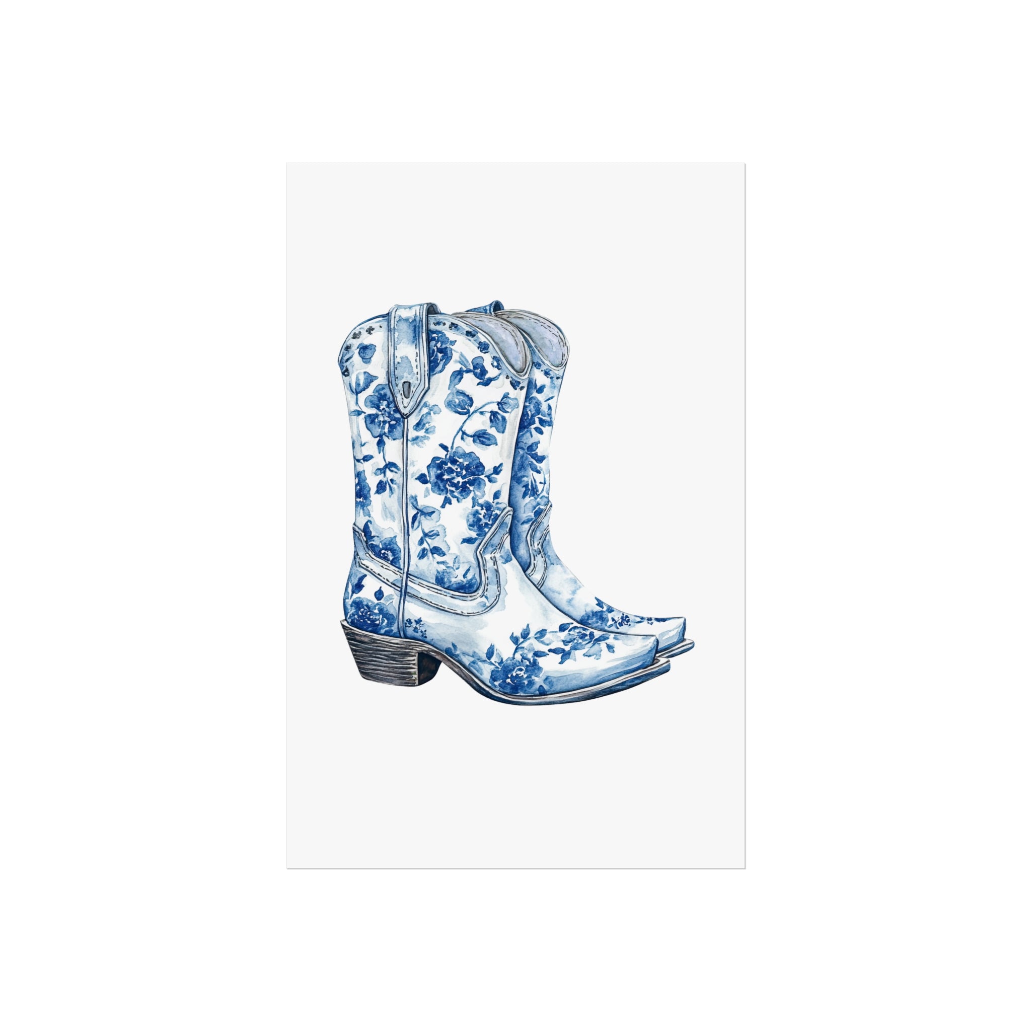 Blue Floral Cowboy Boots Art Print, Dorm Room Decor Rustic Home Art, Gift for Cowgirl, Country Decor, Bohemian Style