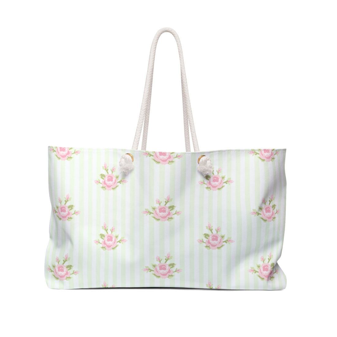 White tote bag with pink floral pattern on a white background