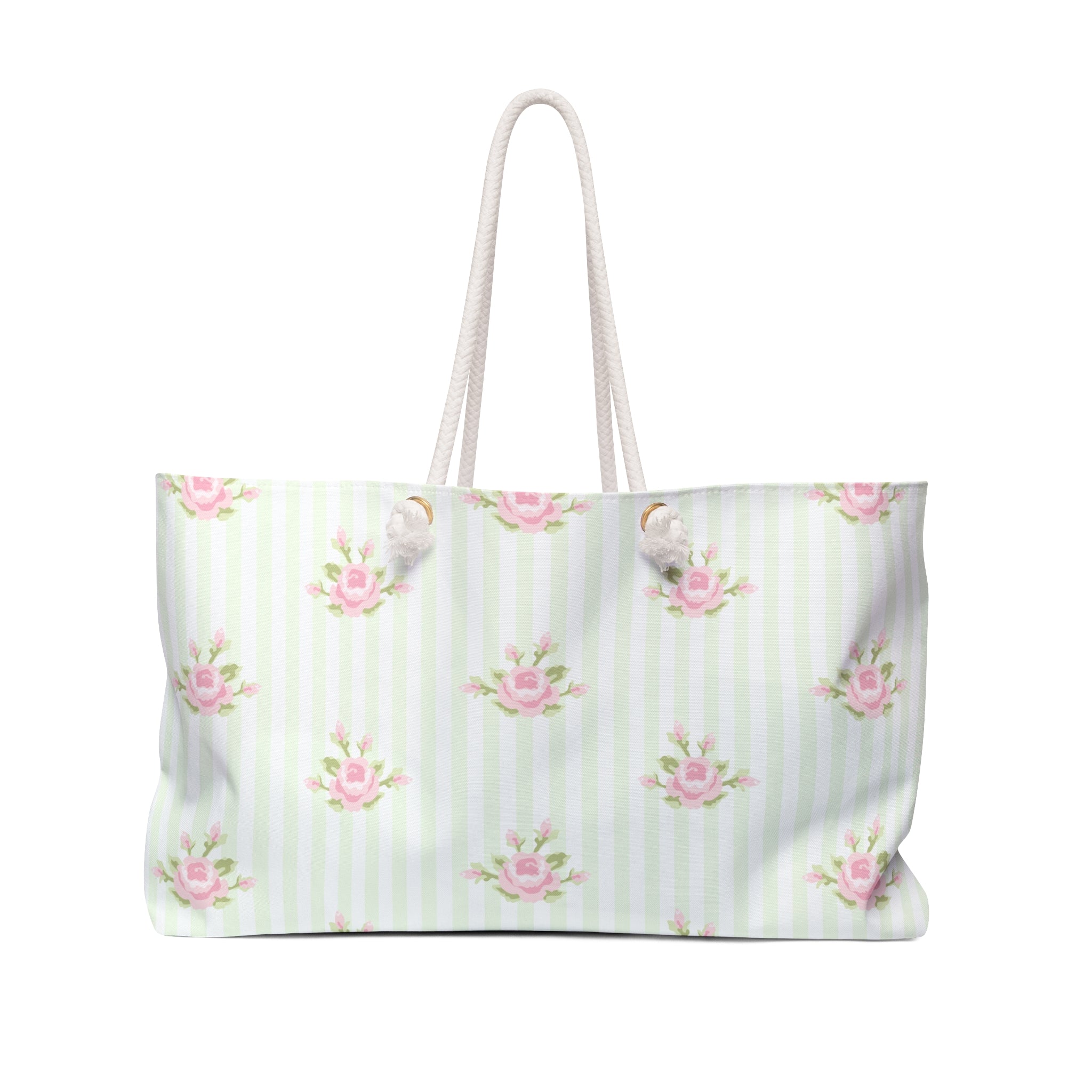 White tote bag with pink floral pattern on a white background