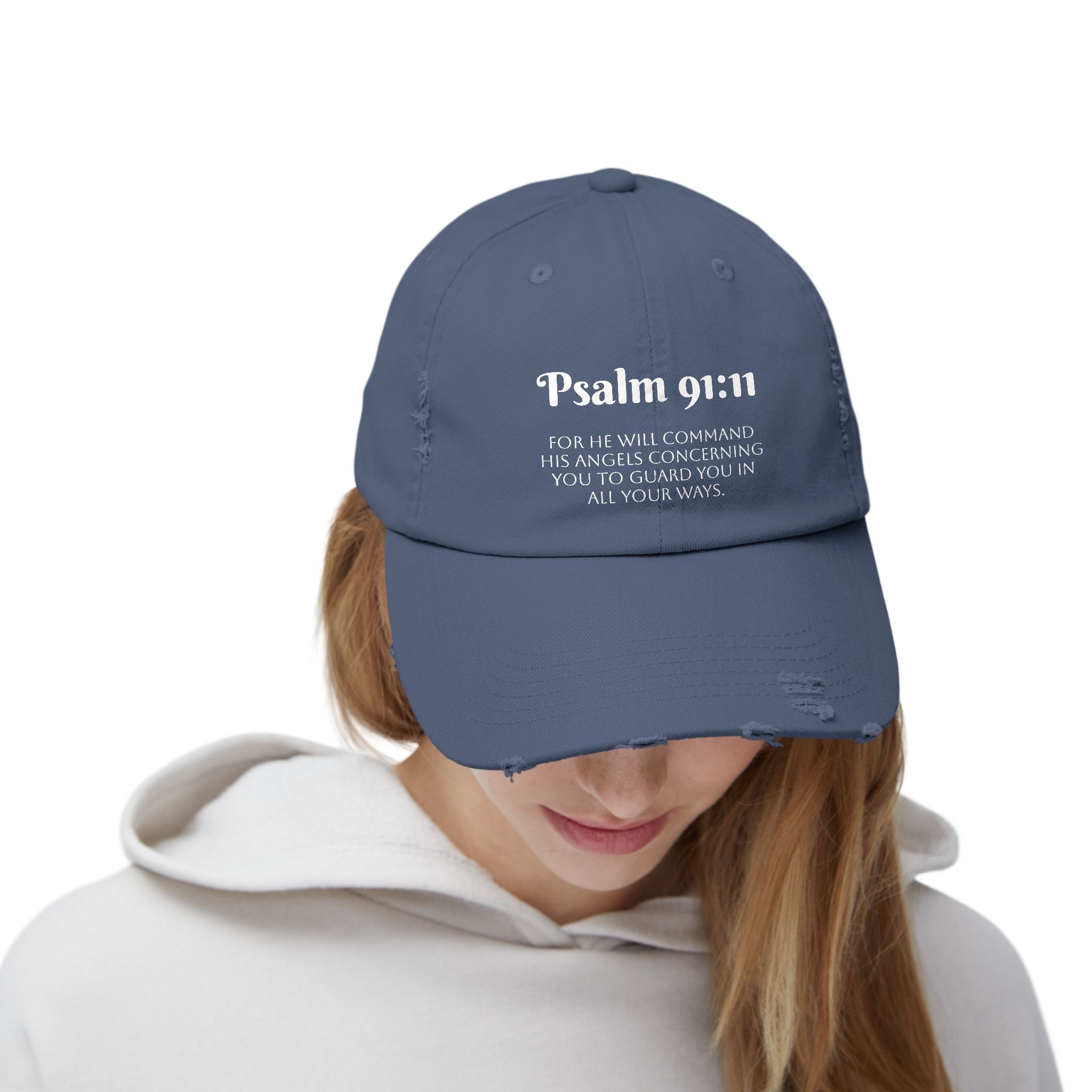 Faith-Inspired Unisex Distressed Cap, Psalm 91:11 Scripture Hat for Daily Wear, Inspirational Gift, Casual Style, Christian Faith