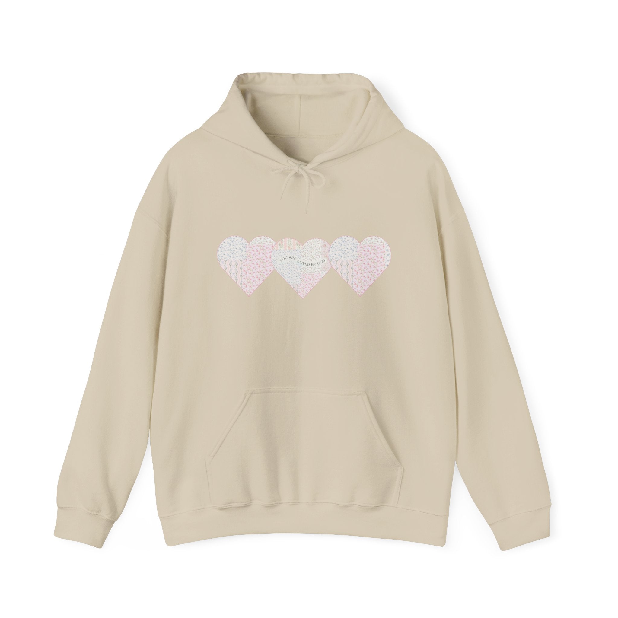 You Are Loved By God Heartfelt Hoodie with Patchwork Hearts Design