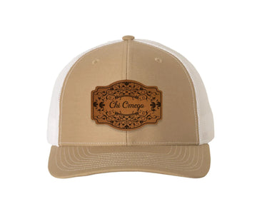 Chi Omega Richardson 112 Leatherette Patch Trucker Hat - Scroll