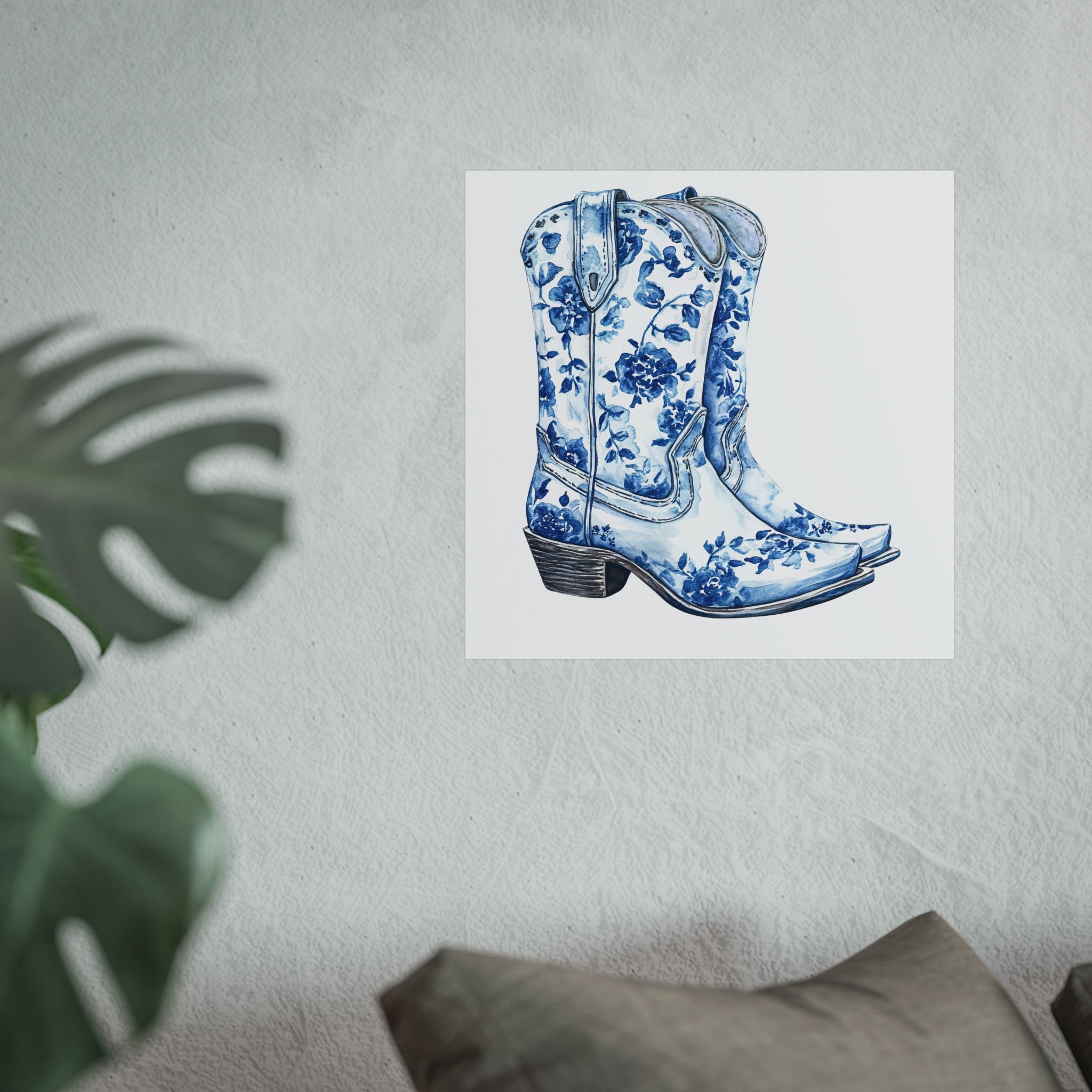 Blue Floral Cowboy Boots Art Print, Dorm Room Decor Rustic Home Art, Gift for Cowgirl, Country Decor, Bohemian Style
