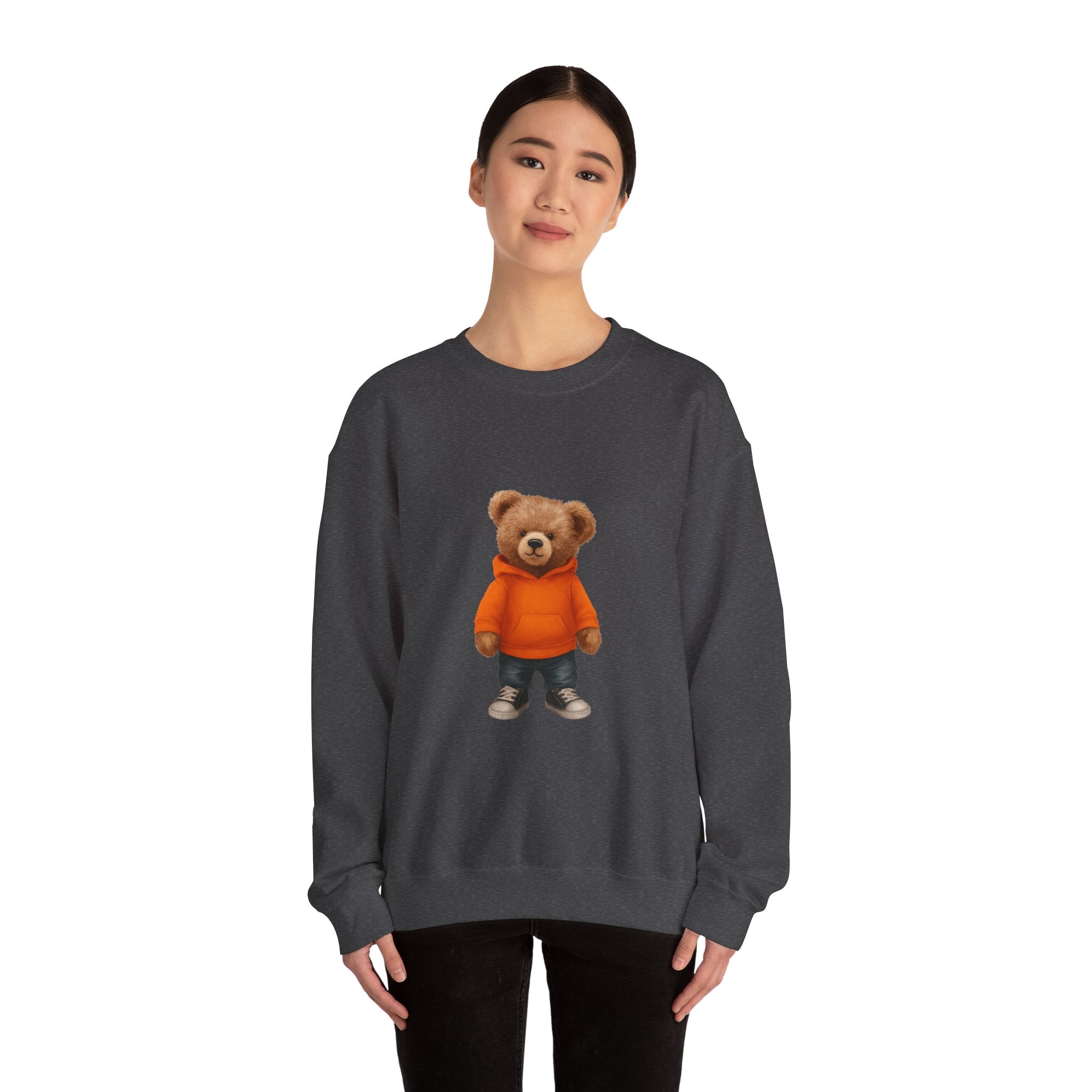 CUSTOMIZABLE Trendy Bear with Orange Hoodie Cozy Bear Crewneck Sweatshirt