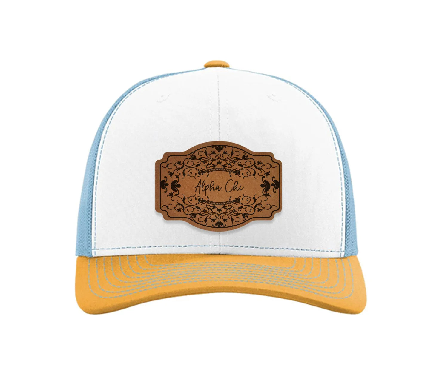 Alpha Chi Omega Richardson 112 Leatherette Patch Trucker Hat - Scroll