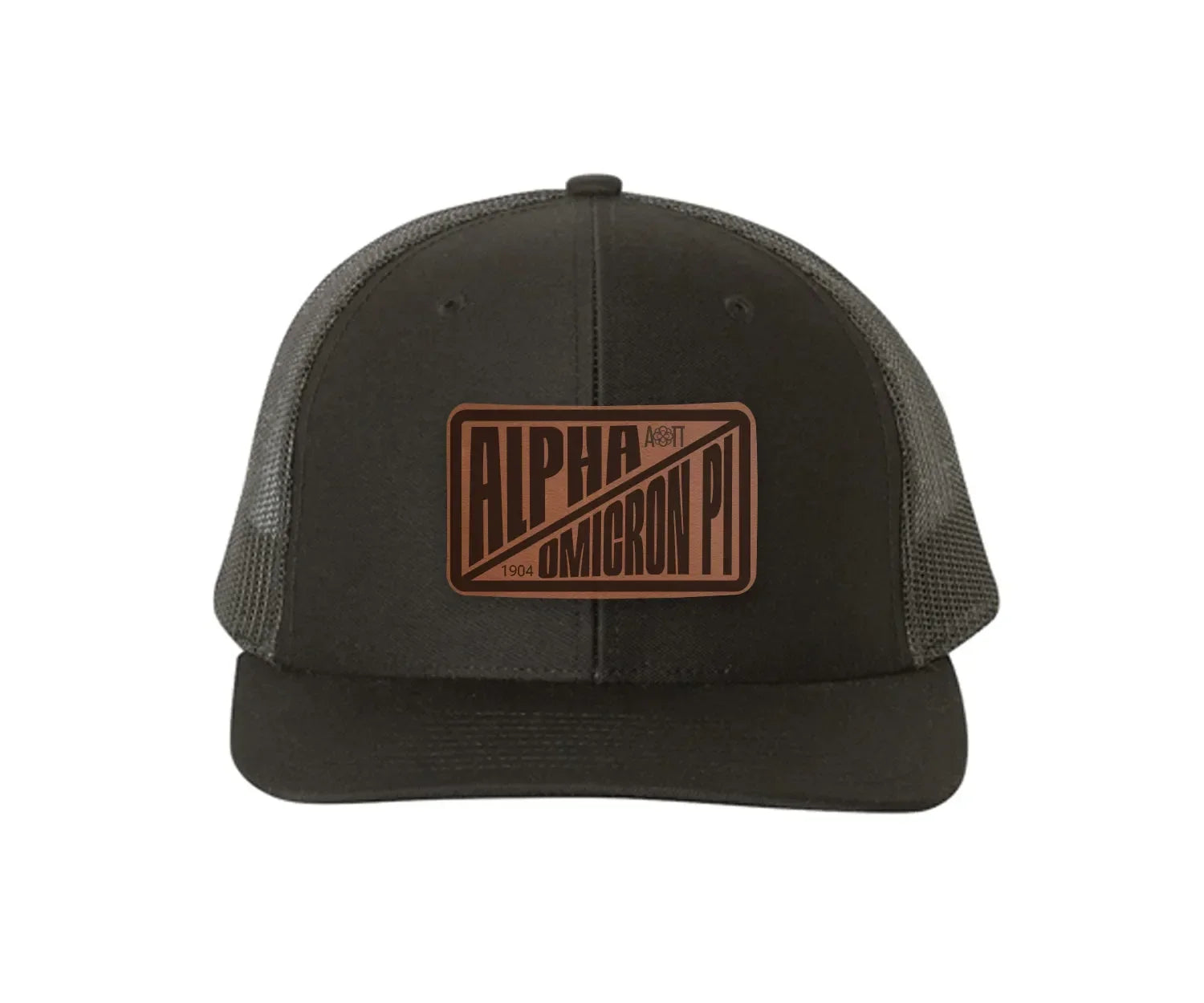 Alpha Omicron Pi Richardson 112 Leatherette Patch Trucker Hat - Divide