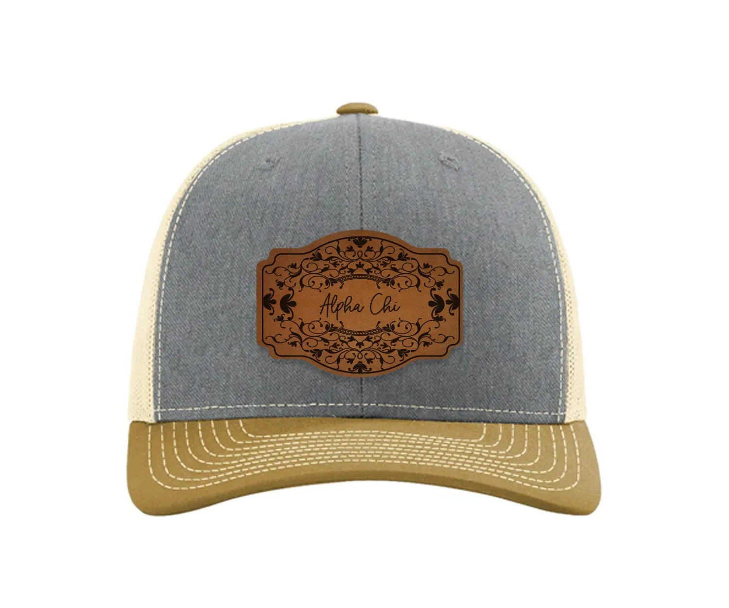 Alpha Chi Omega Richardson 112 Leatherette Patch Trucker Hat - Scroll