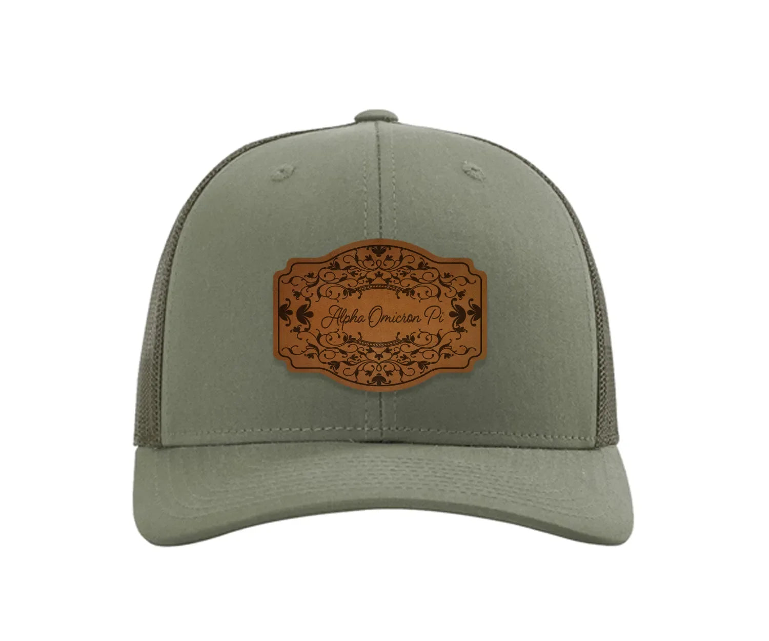 Alpha Omicron Pi Richardson 112 Leatherette Patch Trucker Hat - Scroll