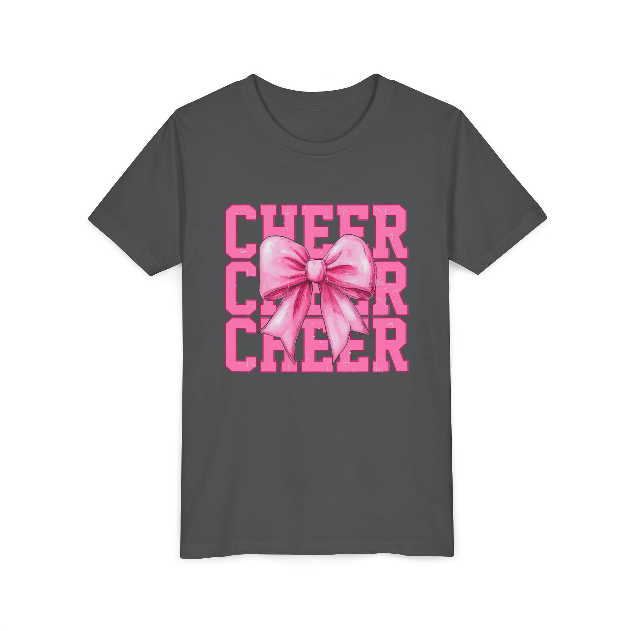 Cheerful Youth Tee with Pink Bow, Perfect for Cheerleading, Birthdays, Parties, Sports Events, and Everyday Wear