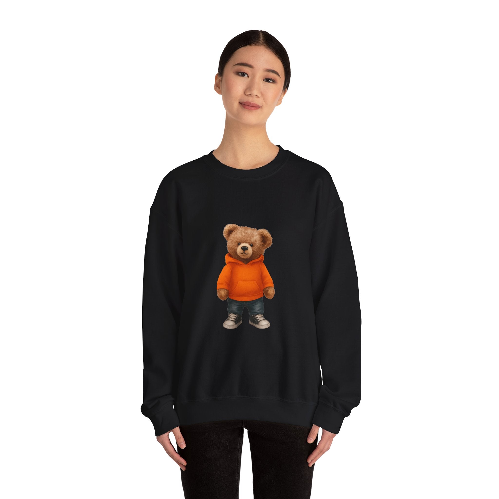 CUSTOMIZABLE Trendy Bear with Orange Hoodie Cozy Bear Crewneck Sweatshirt