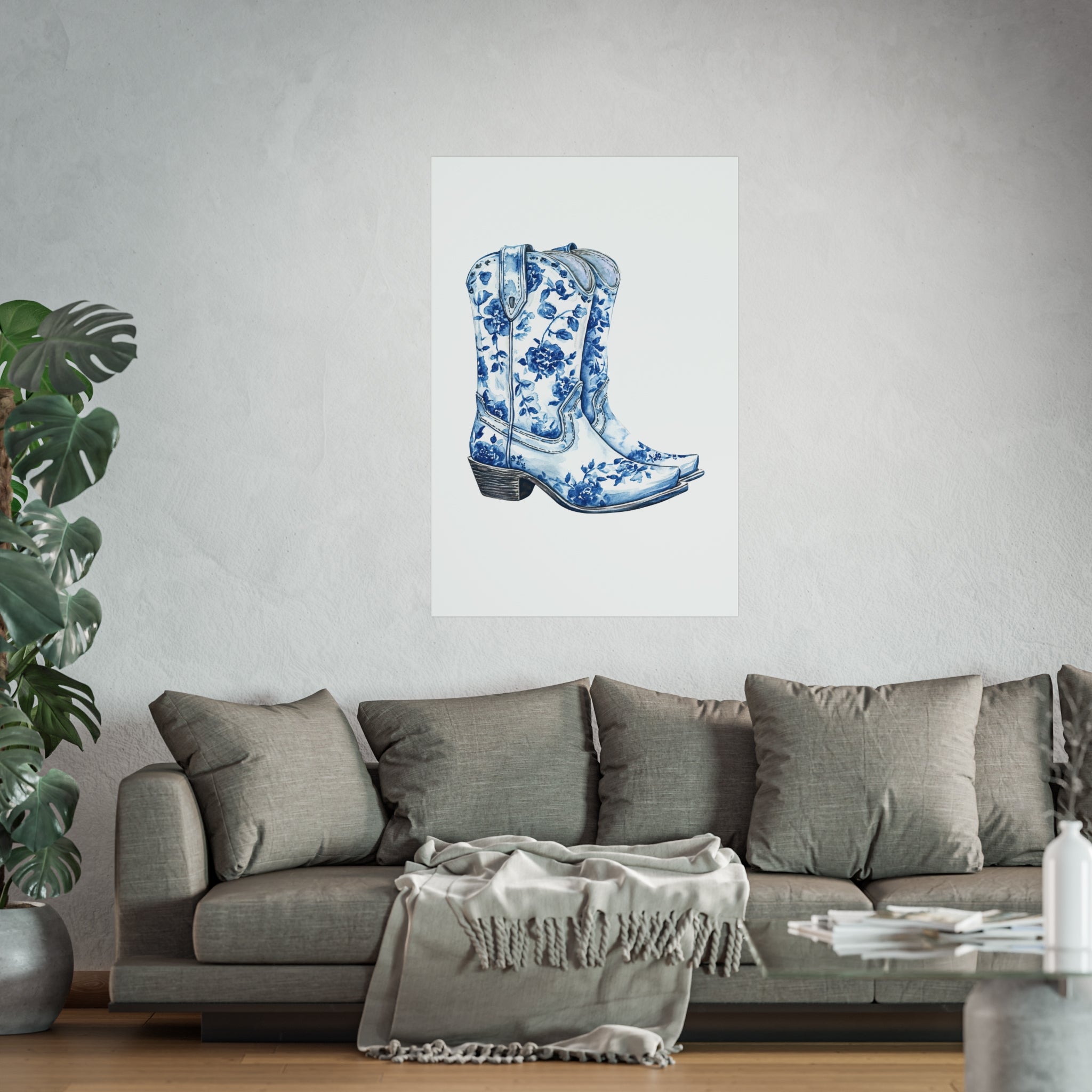 Blue Floral Cowboy Boots Art Print, Dorm Room Decor Rustic Home Art, Gift for Cowgirl, Country Decor, Bohemian Style