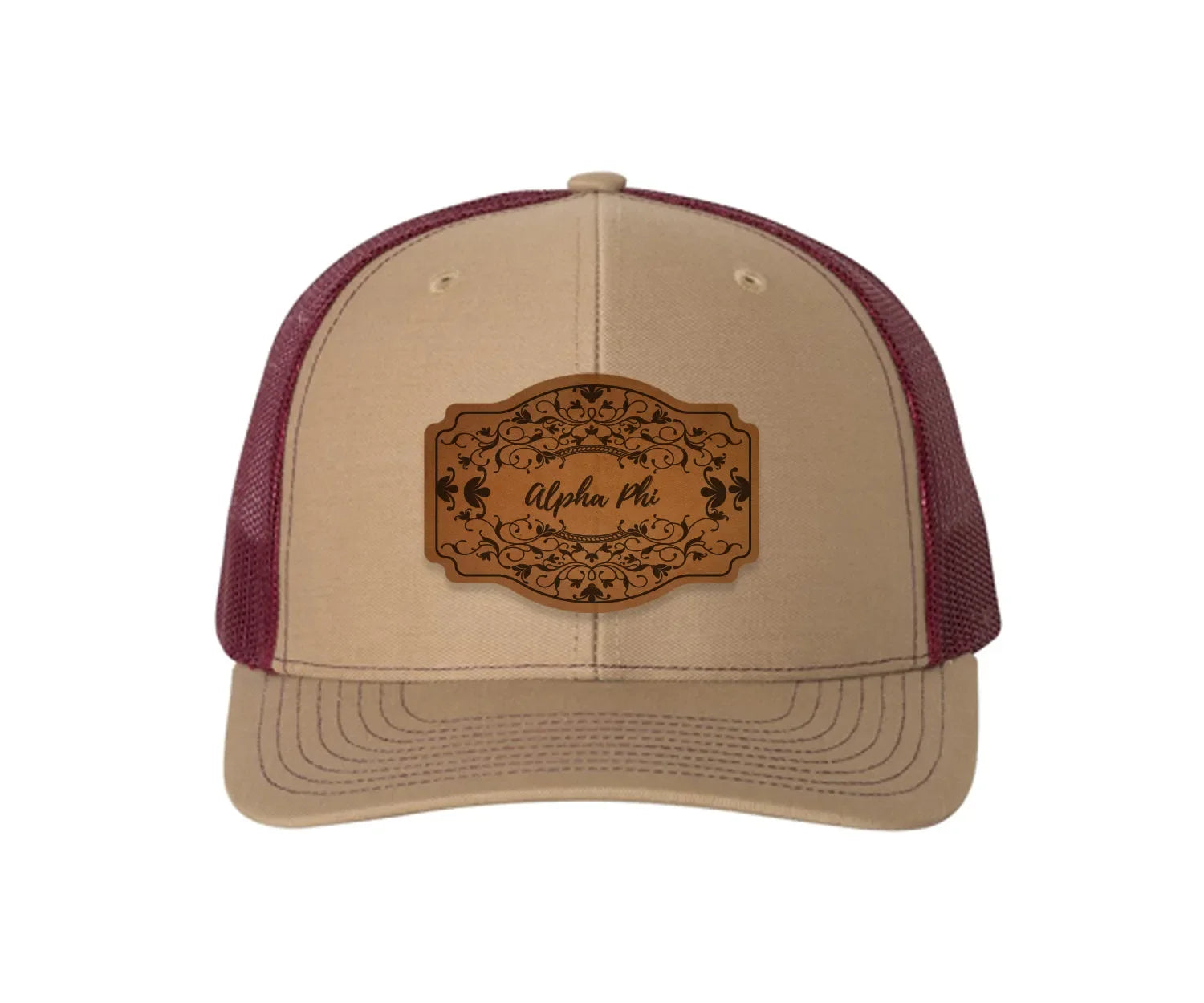 Alpha Phi Richardson 112 Leatherette Patch Trucker Hat - Scroll