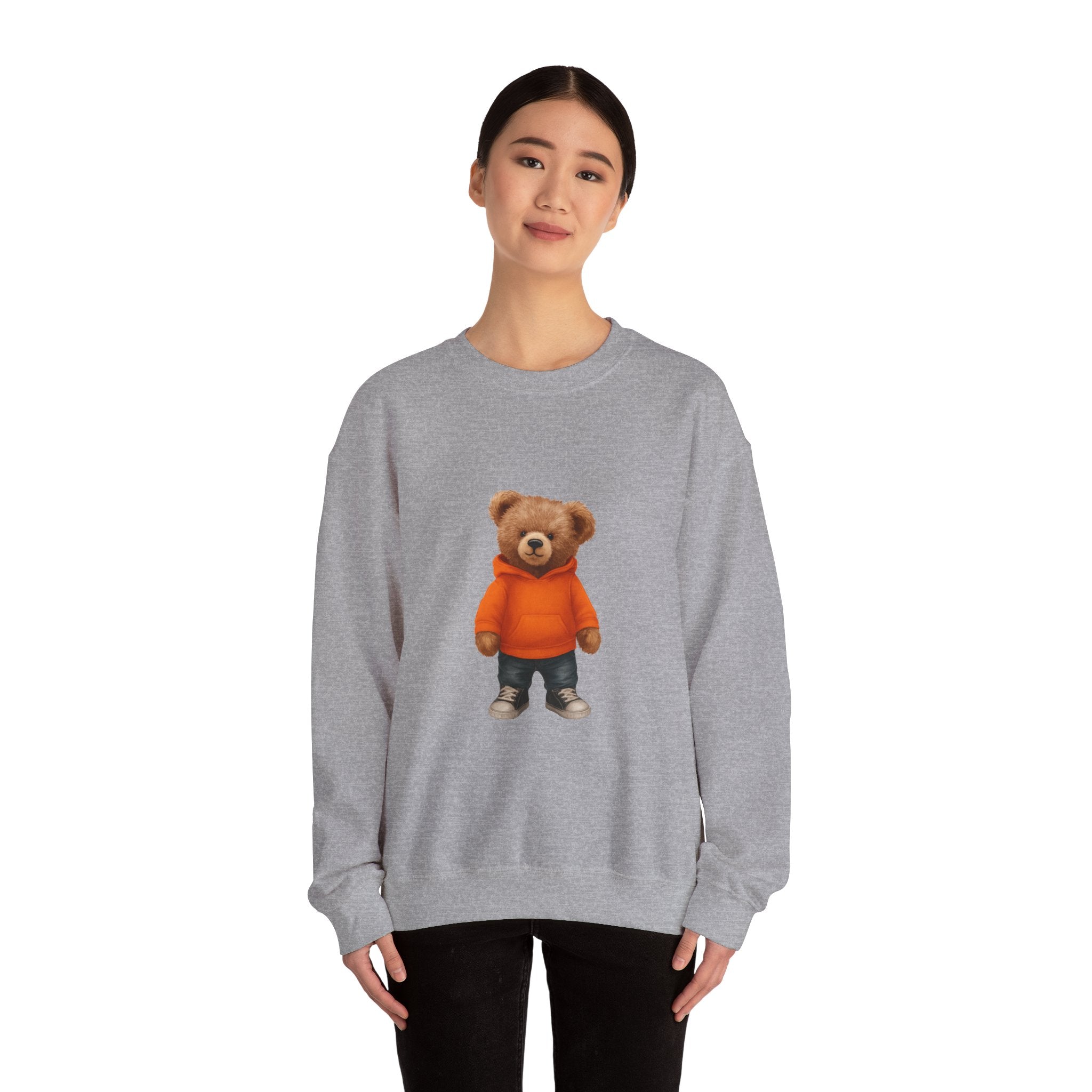 CUSTOMIZABLE Trendy Bear with Orange Hoodie Cozy Bear Crewneck Sweatshirt