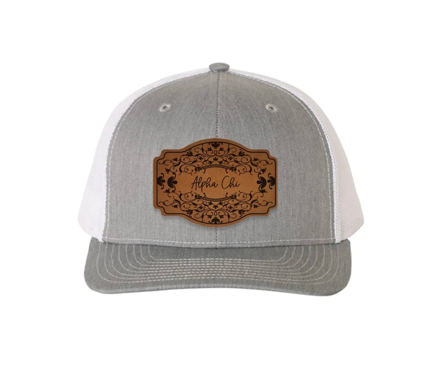 Alpha Chi Omega Richardson 112 Leatherette Patch Trucker Hat - Scroll