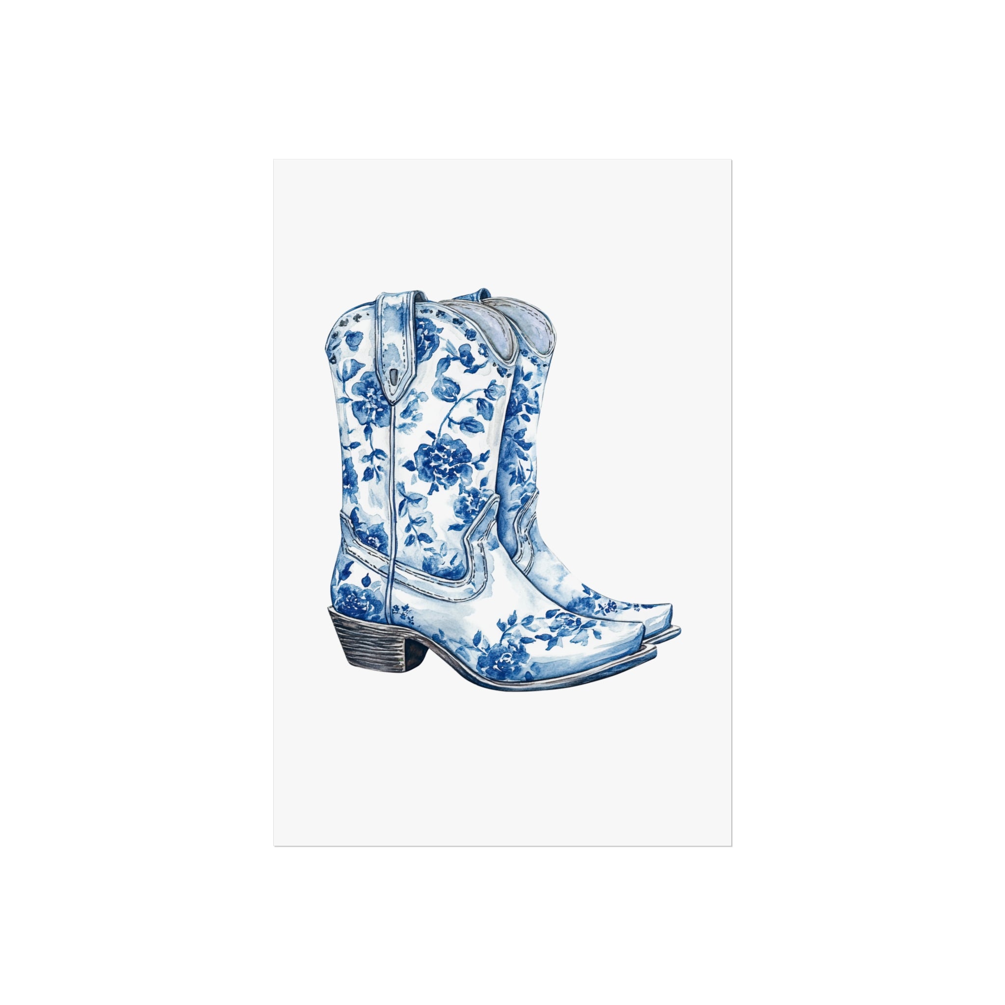 Blue Floral Cowboy Boots Art Print, Dorm Room Decor Rustic Home Art, Gift for Cowgirl, Country Decor, Bohemian Style