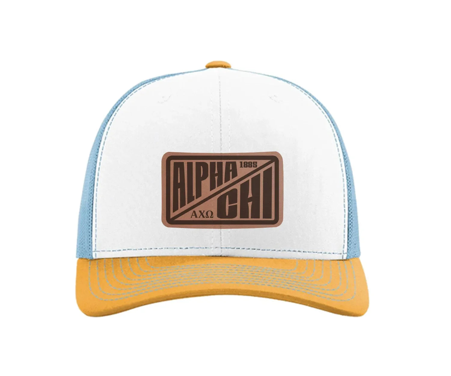 Alpha Chi Omega Richardson 112 Leatherette Patch Trucker Hat - Divide