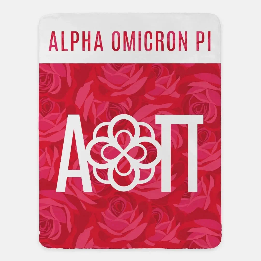 Alpha Omicron Pi XL 60x80 Sherpa Blanket Rose Pattern Wide Band
