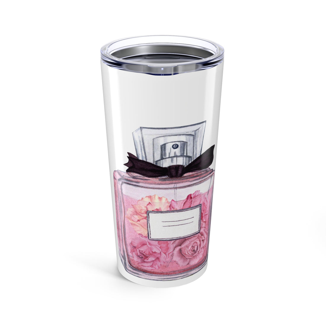 Clear tumbler with a pink perfume bottle design on a white background