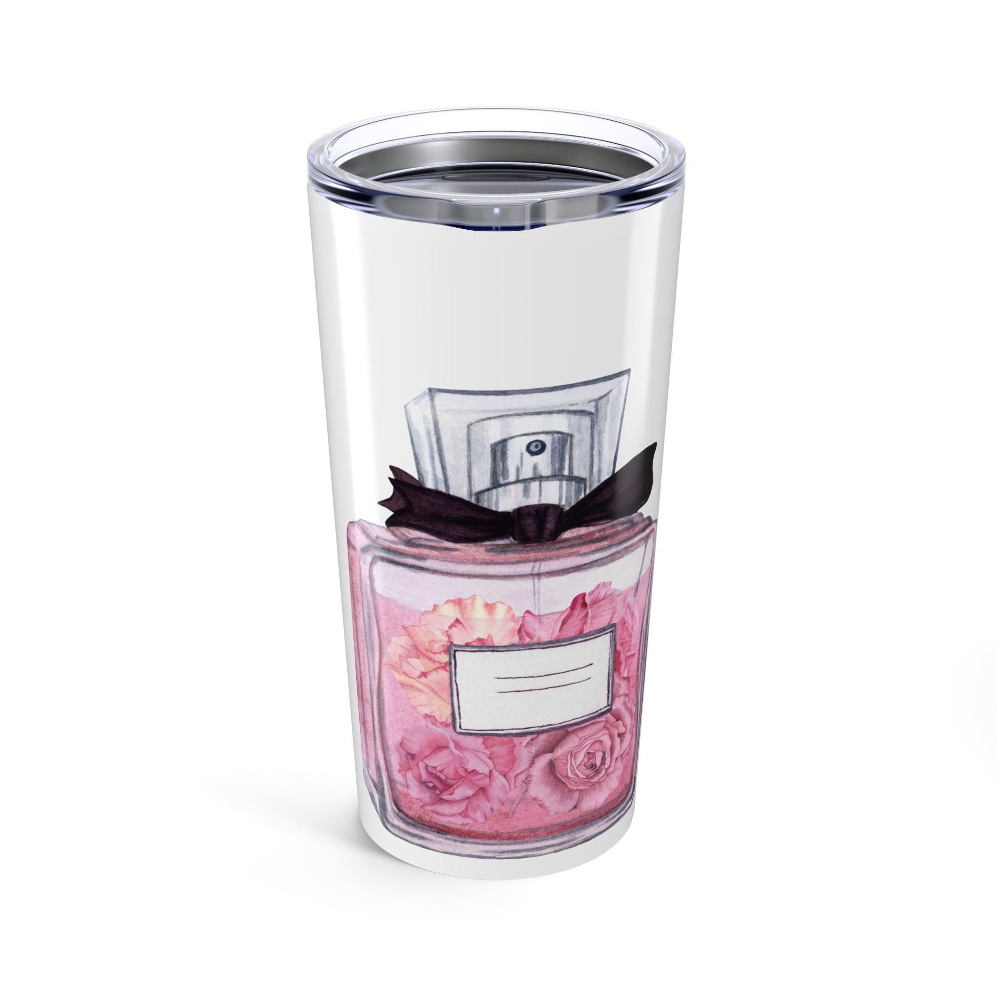 Clear tumbler with a pink perfume bottle design on a white background