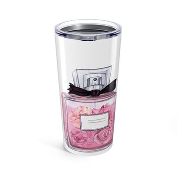 Clear tumbler with a pink perfume bottle design on a white background