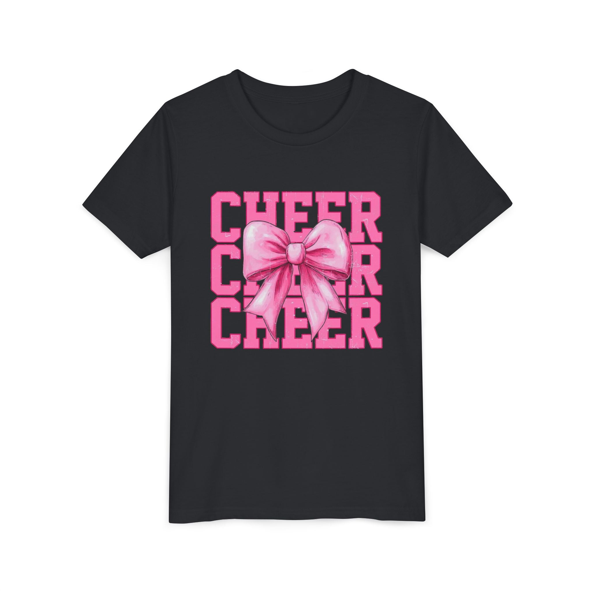Cheerful Youth Tee with Pink Bow, Perfect for Cheerleading, Birthdays, Parties, Sports Events, and Everyday Wear