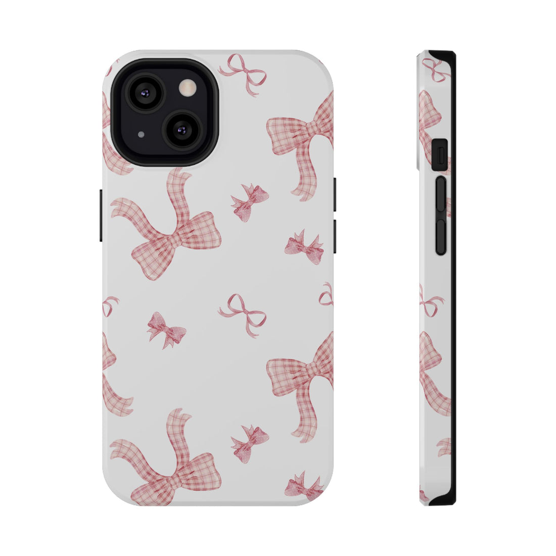 Phone case with pink checkered bow pattern on a white background