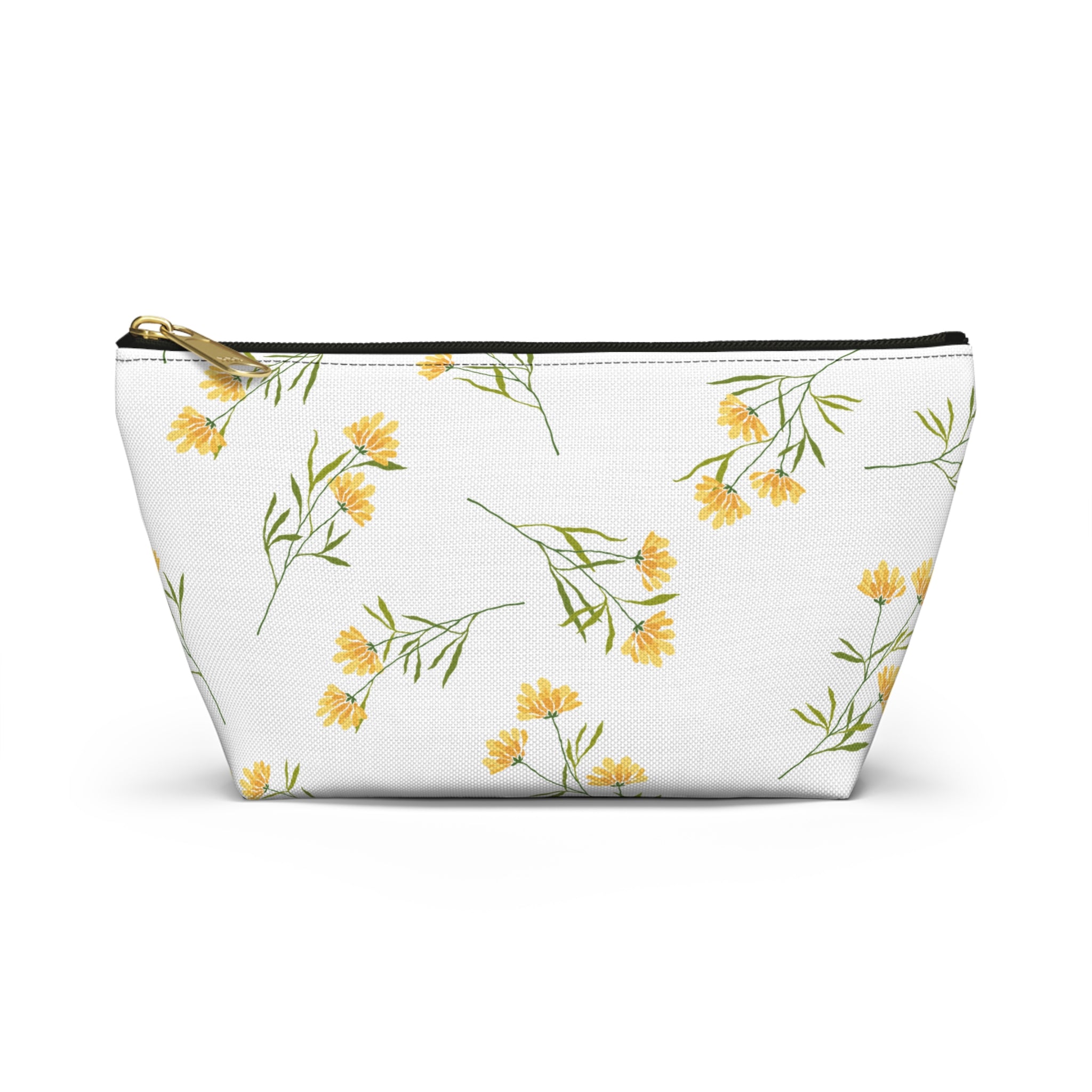 White pouch with yellow floral pattern on a white background