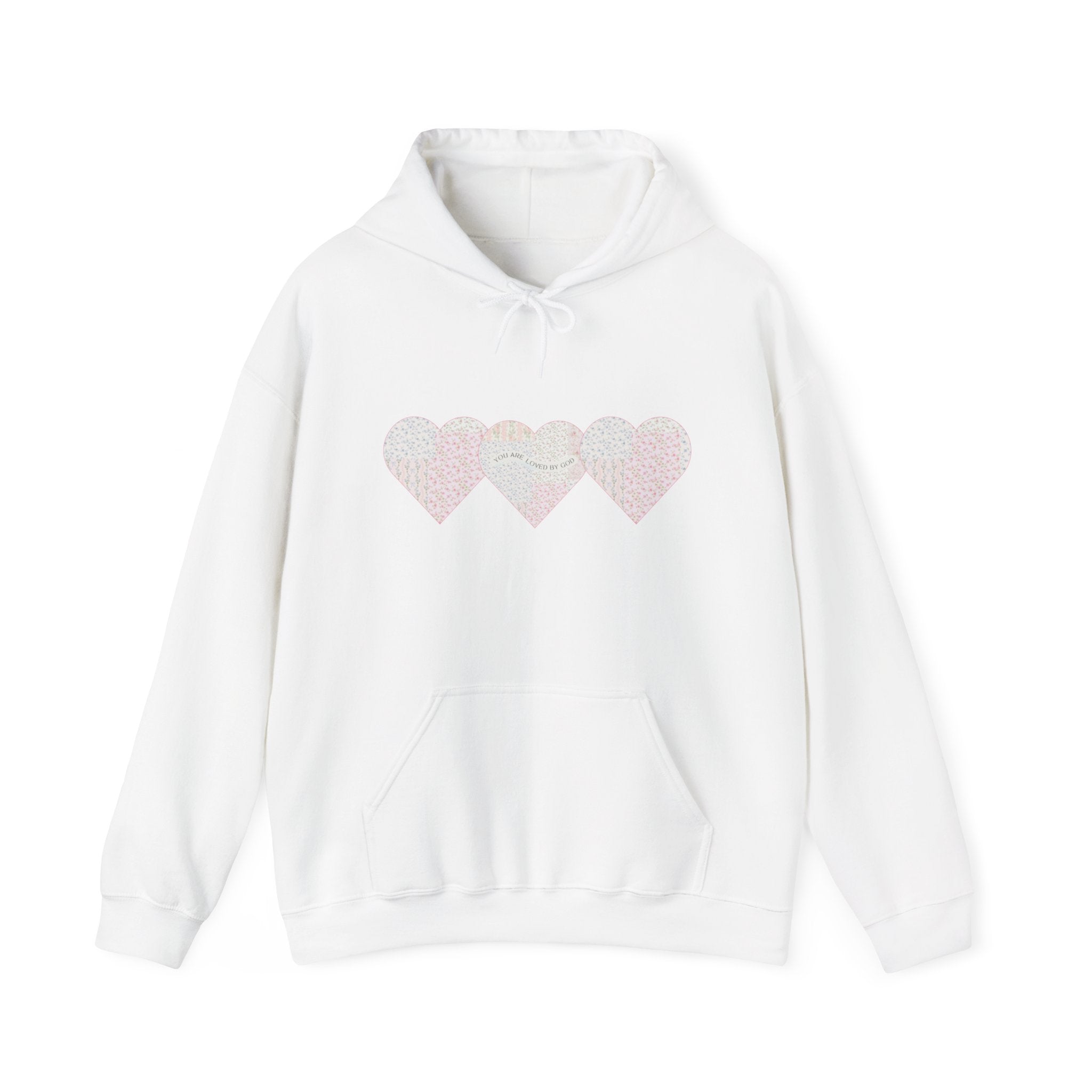 You Are Loved By God Heartfelt Hoodie with Patchwork Hearts Design