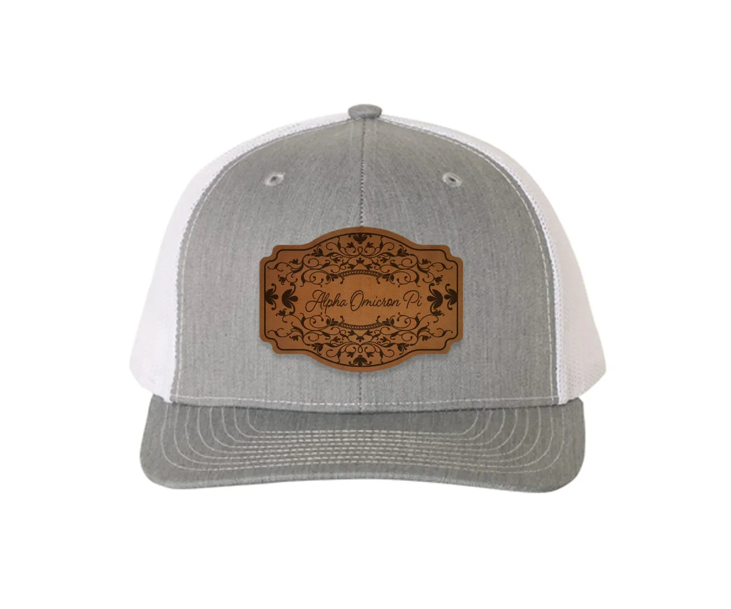 Alpha Omicron Pi Richardson 112 Leatherette Patch Trucker Hat - Scroll