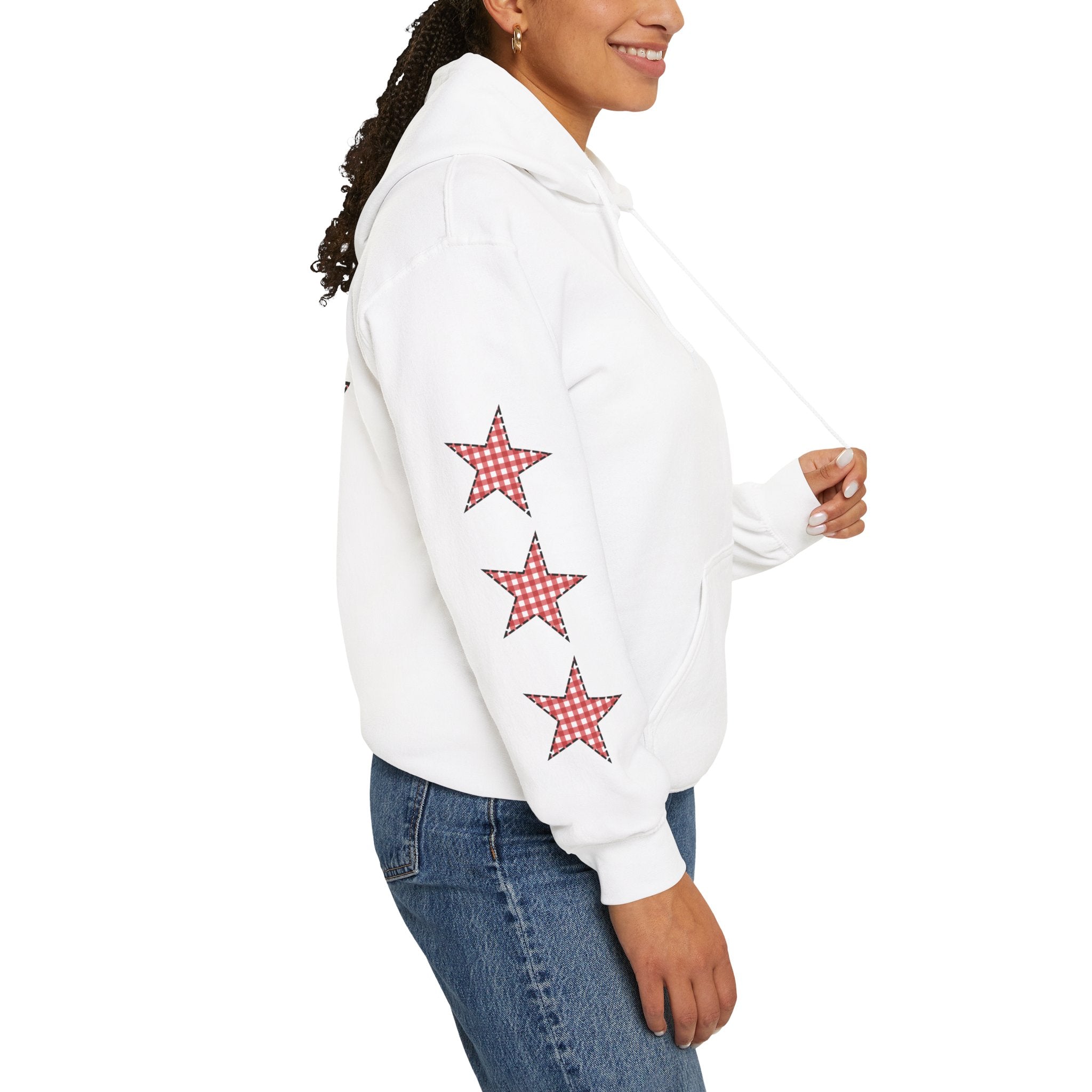 Red Gingham Star Hoodie, Cozy Winter Sweatshirt, Casual Unisex Outerwear, Perfect Gift for Birthdays, Holidays, and Trendy Outfits