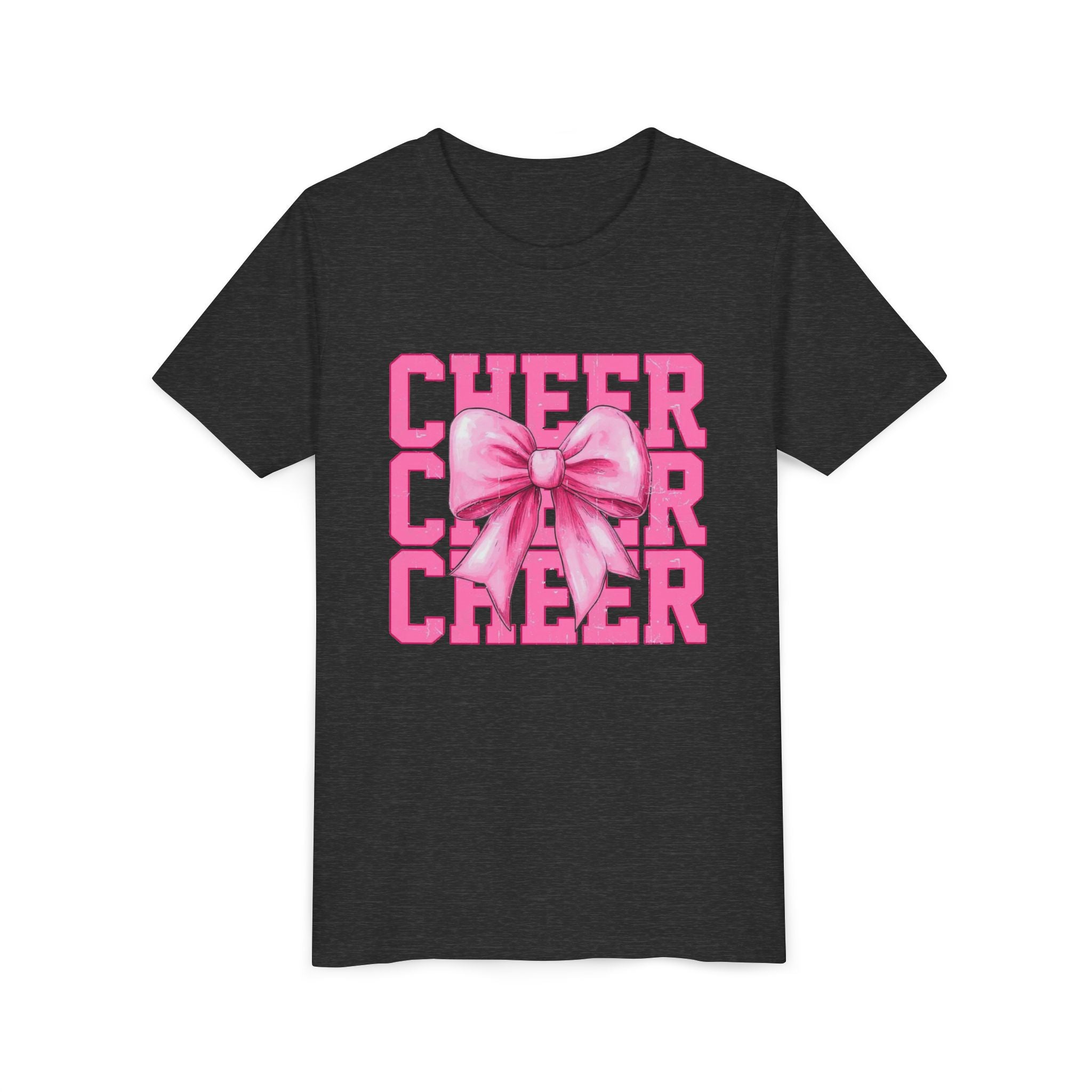 Cheerful Youth Tee with Pink Bow, Perfect for Cheerleading, Birthdays, Parties, Sports Events, and Everyday Wear