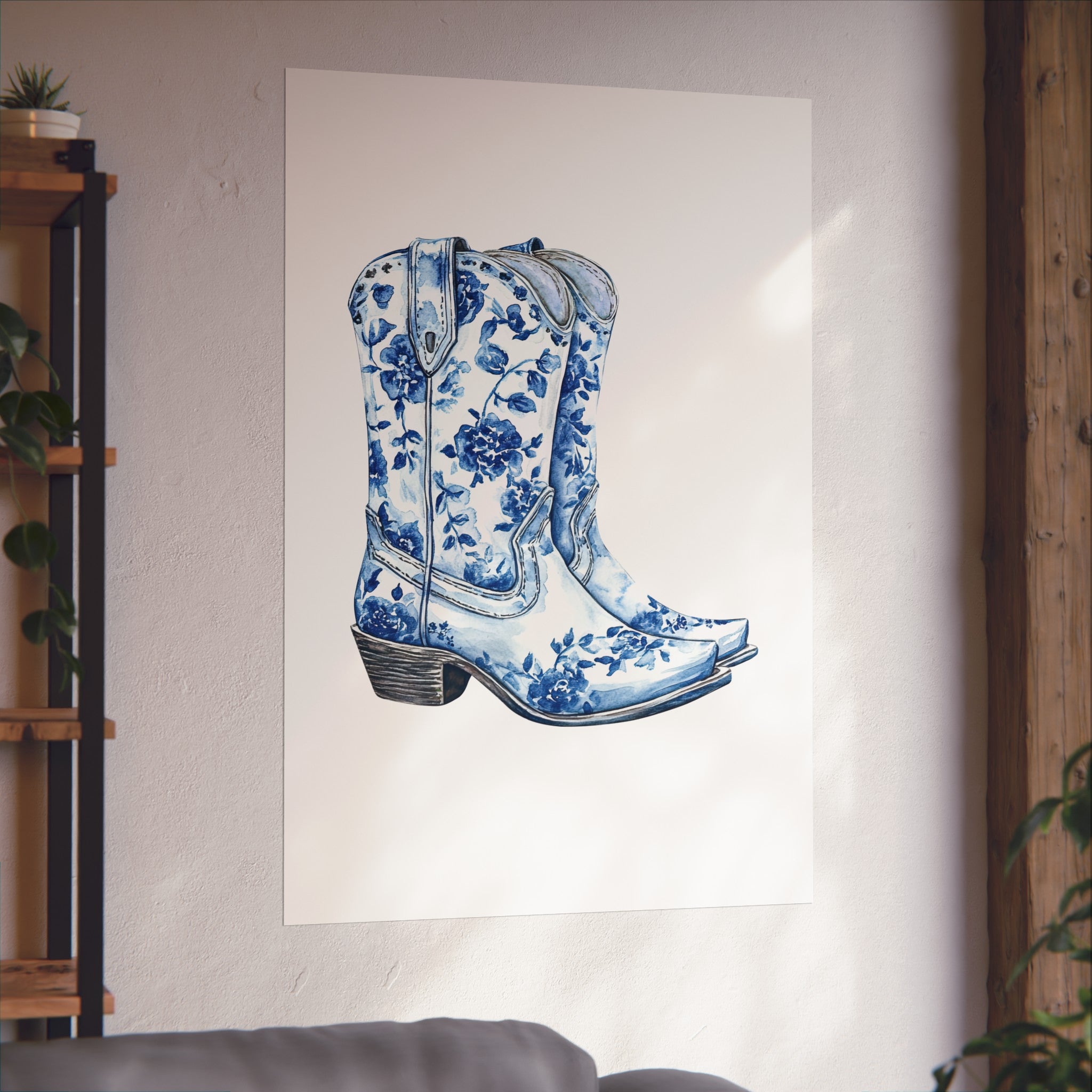 Blue Floral Cowboy Boots Art Print, Dorm Room Decor Rustic Home Art, Gift for Cowgirl, Country Decor, Bohemian Style