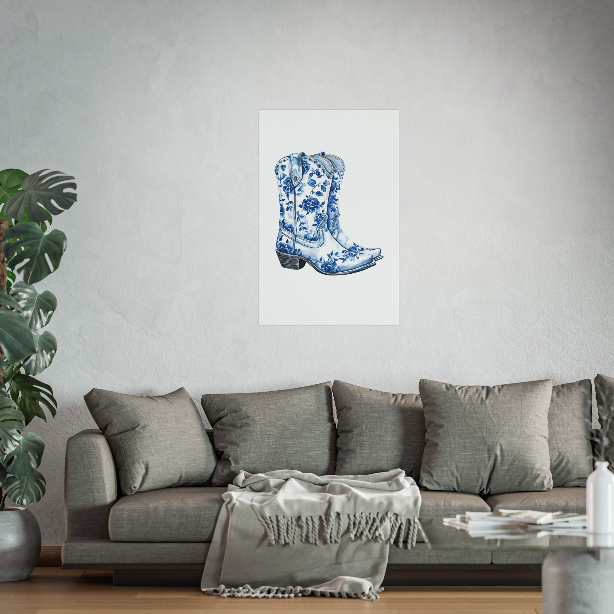 Blue Floral Cowboy Boots Art Print, Dorm Room Decor Rustic Home Art, Gift for Cowgirl, Country Decor, Bohemian Style