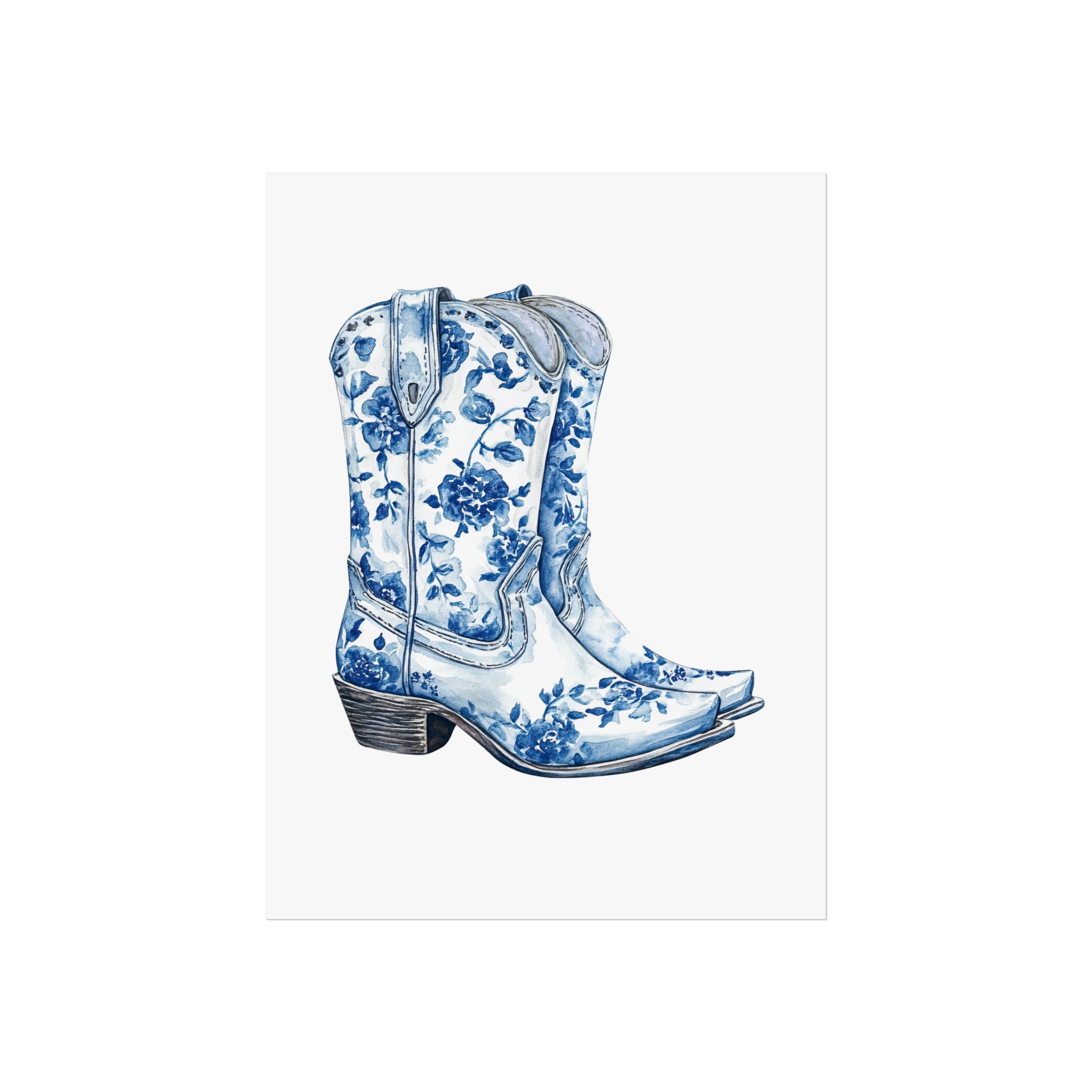 Blue Floral Cowboy Boots Art Print, Dorm Room Decor Rustic Home Art, Gift for Cowgirl, Country Decor, Bohemian Style