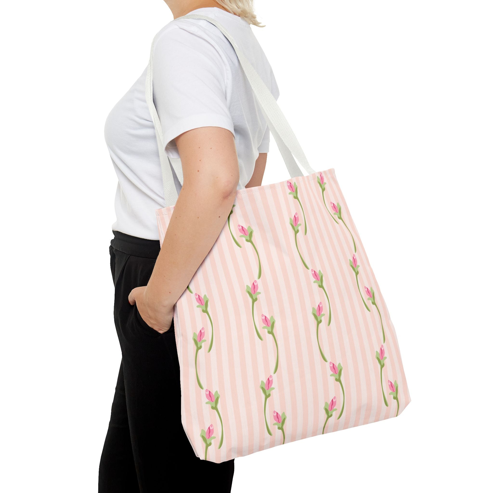 Customizable: Floral Stripe Tote Bag, Chic Shopping Tote, Spring Gift Bag, Eco-Friendly Reusable Bag, Perfect for Grad Gifts College Send off Gift
