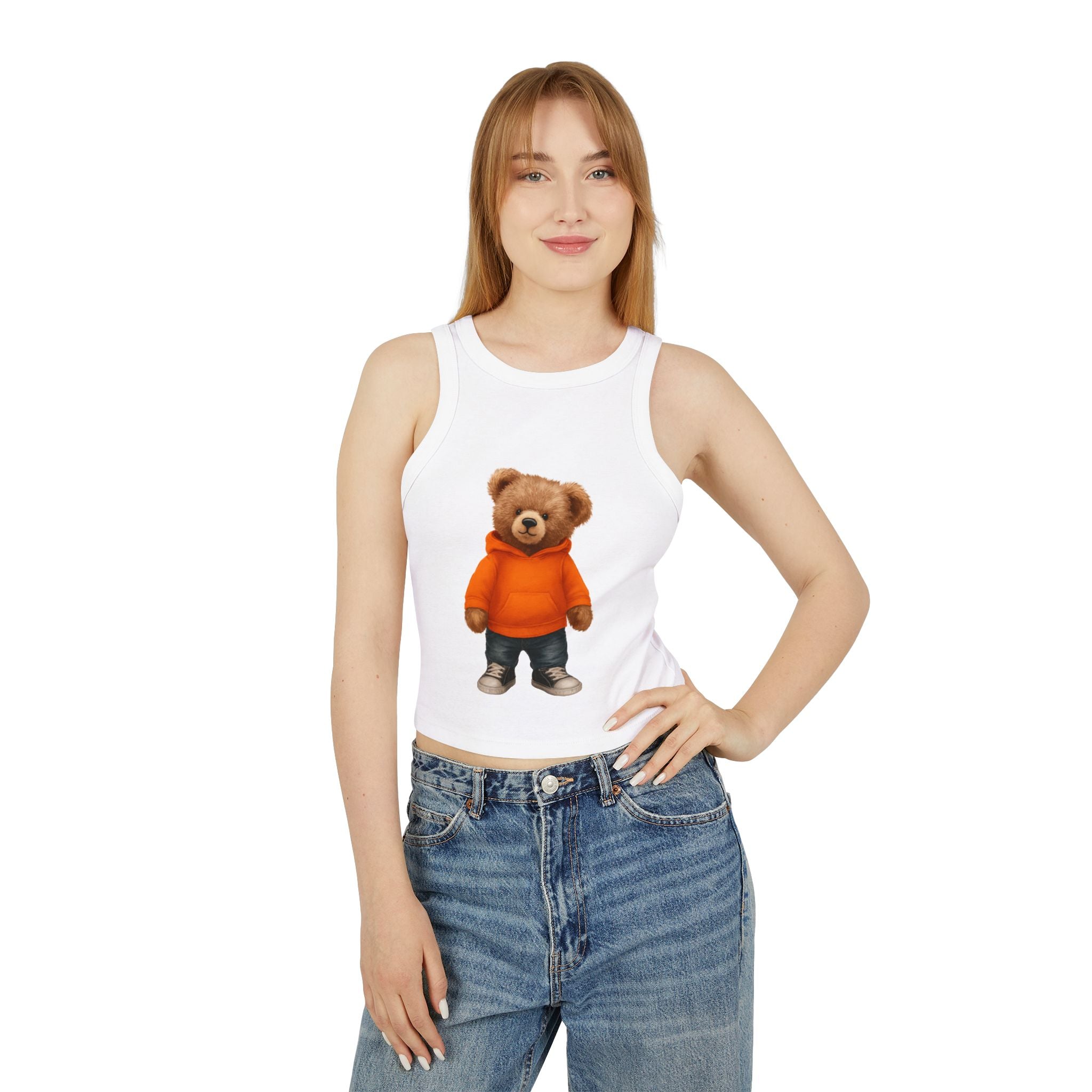 Trendy Bear Print Racer Tank Top for Women, Casual Summer Top, Cute Beachwear, Gift for Her, Festival Fashion, Stylish Comfort