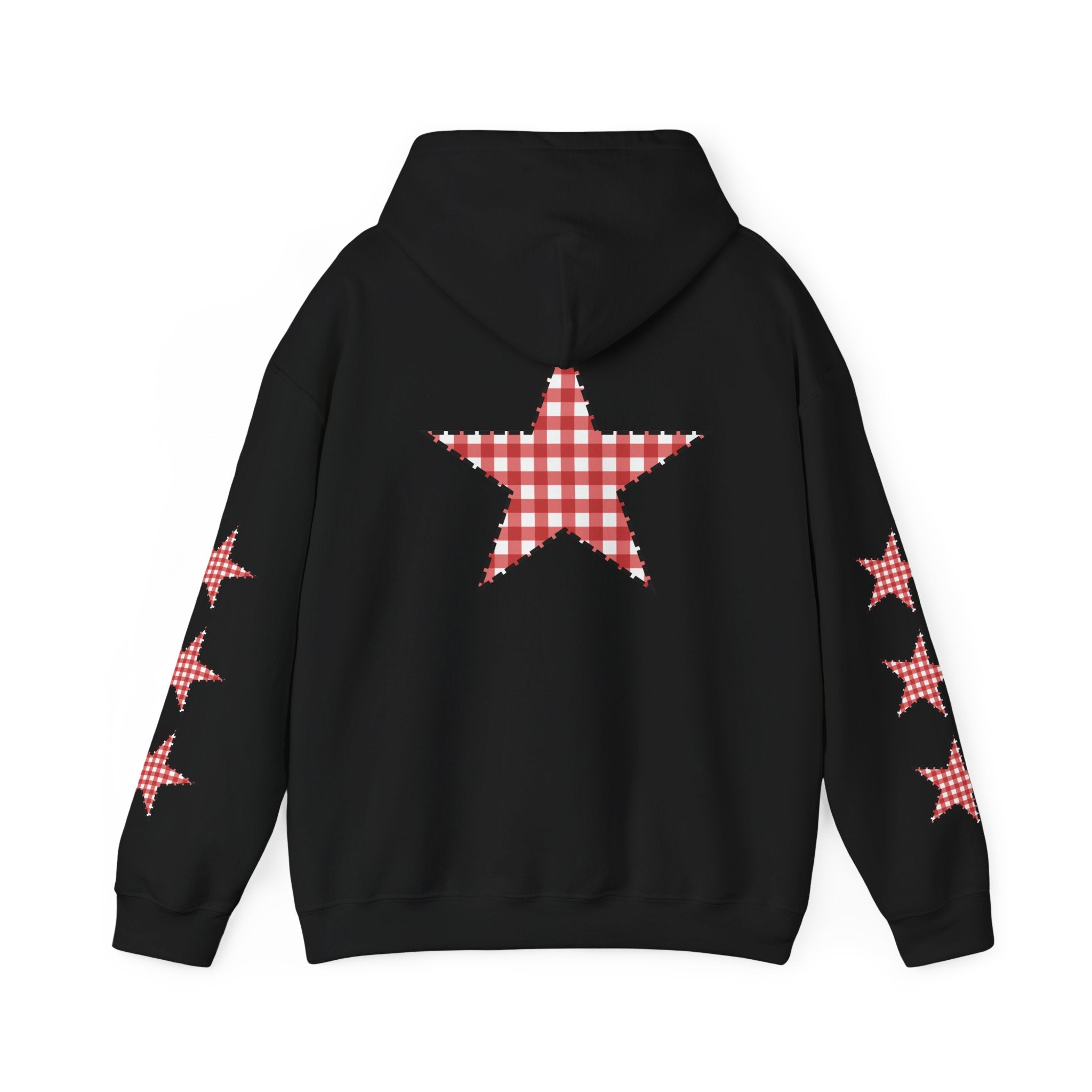 Red Gingham Star Hoodie, Cozy Winter Sweatshirt, Casual Unisex Outerwear, Perfect Gift for Birthdays, Holidays, and Trendy Outfits