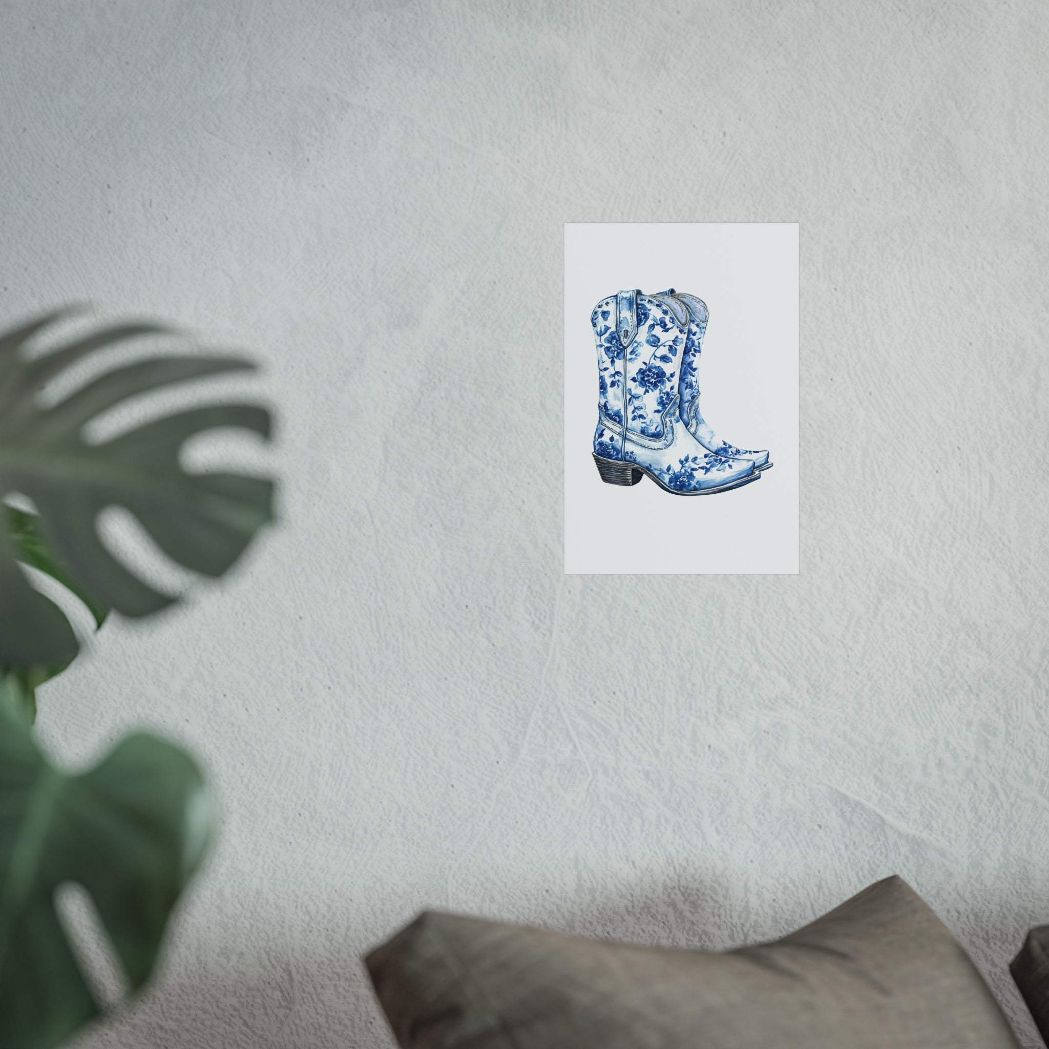 Blue Floral Cowboy Boots Art Print, Dorm Room Decor Rustic Home Art, Gift for Cowgirl, Country Decor, Bohemian Style